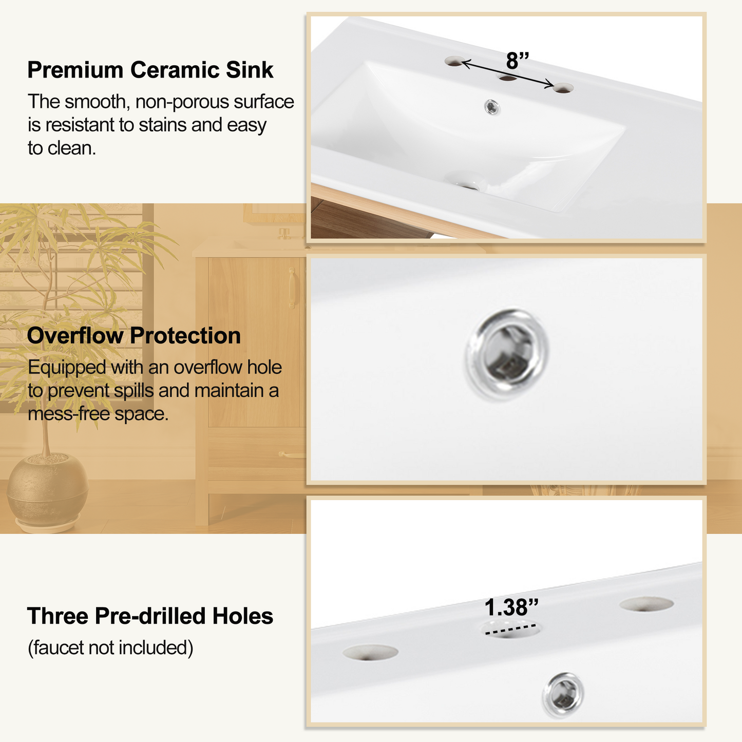 VanityFus 36-in Bathroom Vanity Single Sink Combo Wood Ceramic Top 2 Soft-Close Doors 4 Drawer Adjustable shelves