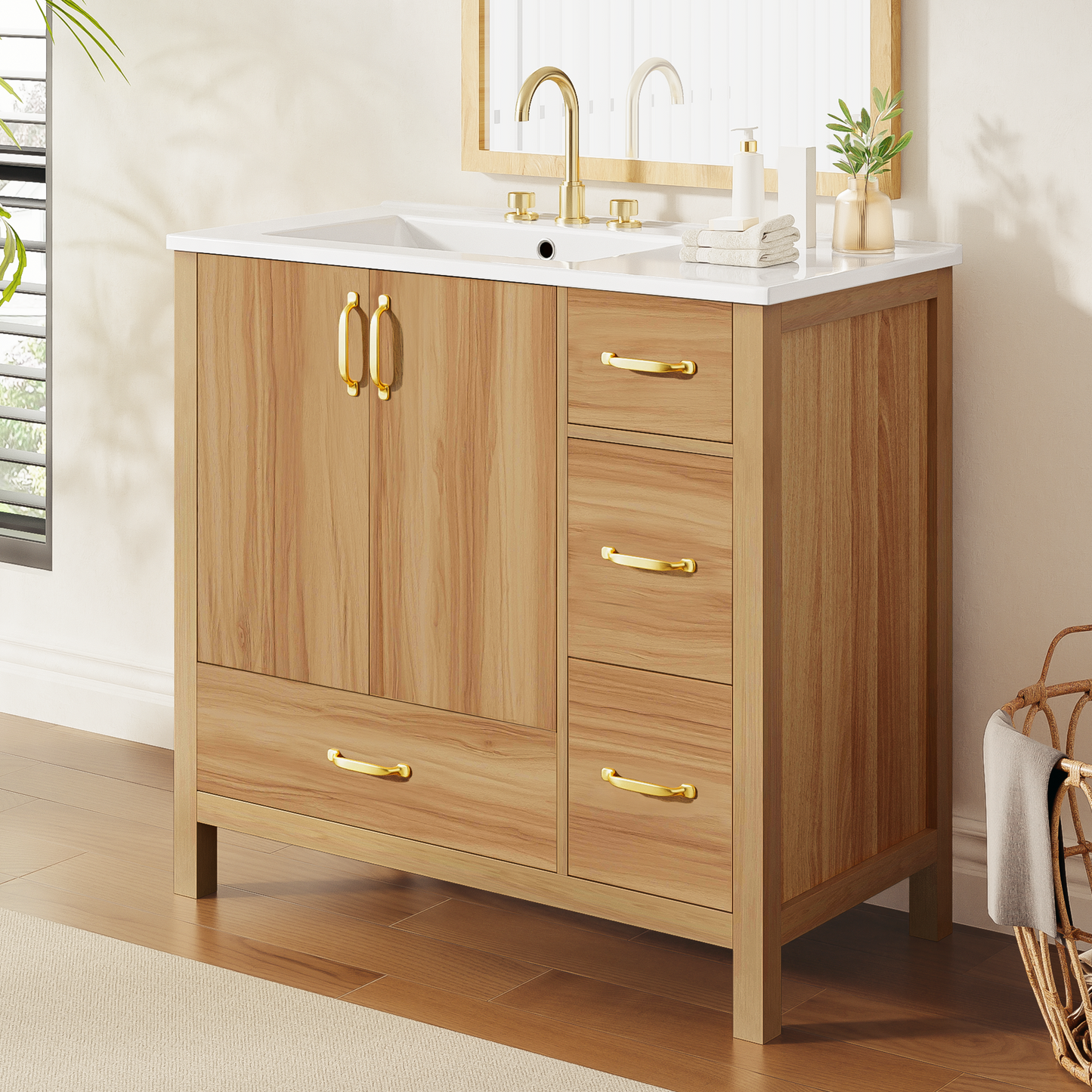 VanityFus 36-in Bathroom Vanity Single Sink Combo Wood Ceramic Top 2 Soft-Close Doors 4 Drawer Adjustable shelves