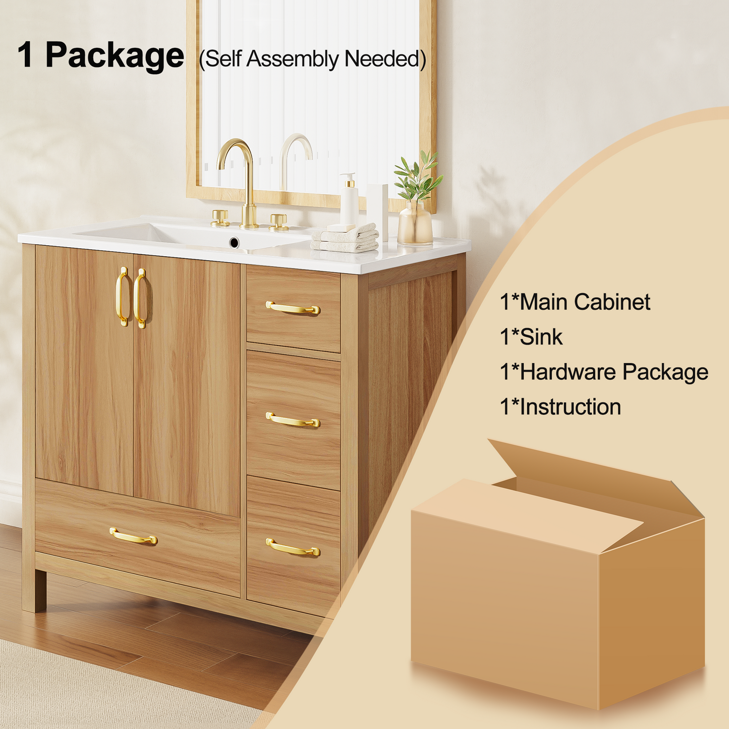 VanityFus 36-in Bathroom Vanity Single Sink Combo Wood Ceramic Top 2 Soft-Close Doors 4 Drawer Adjustable shelves