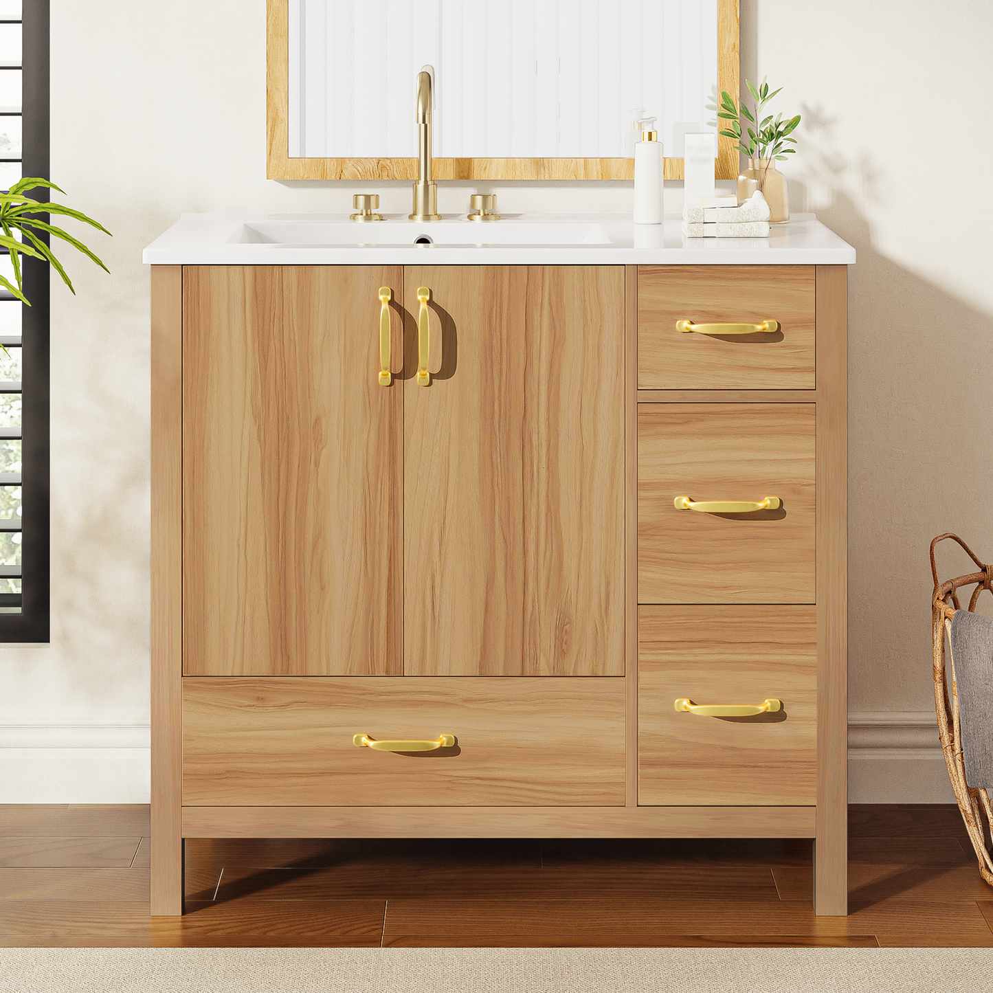VanityFus 36-in Bathroom Vanity Single Sink Combo Wood Ceramic Top 2 Soft-Close Doors 4 Drawer Adjustable shelves