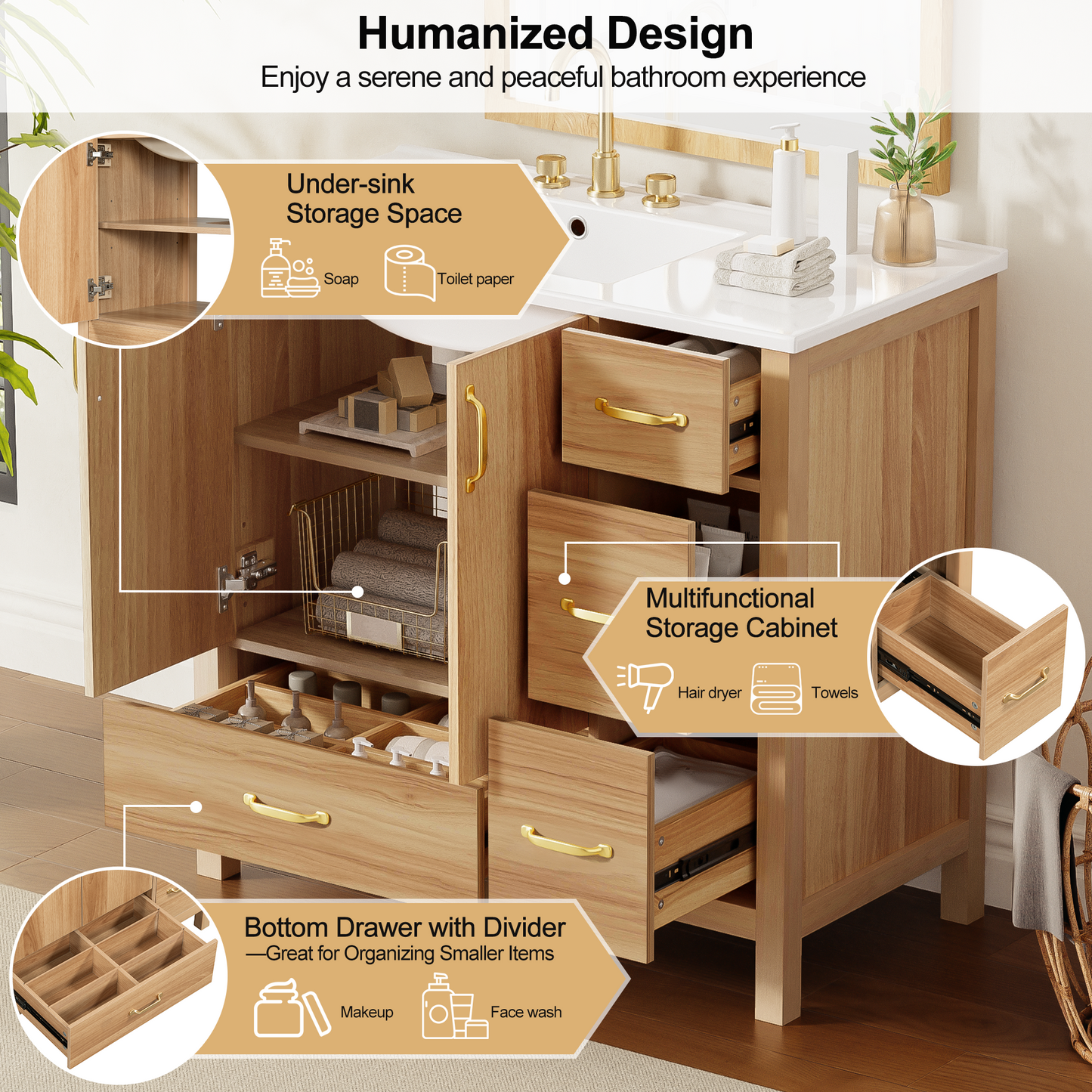 VanityFus 36-in Bathroom Vanity Single Sink Combo Wood Ceramic Top 2 Soft-Close Doors 4 Drawer Adjustable shelves