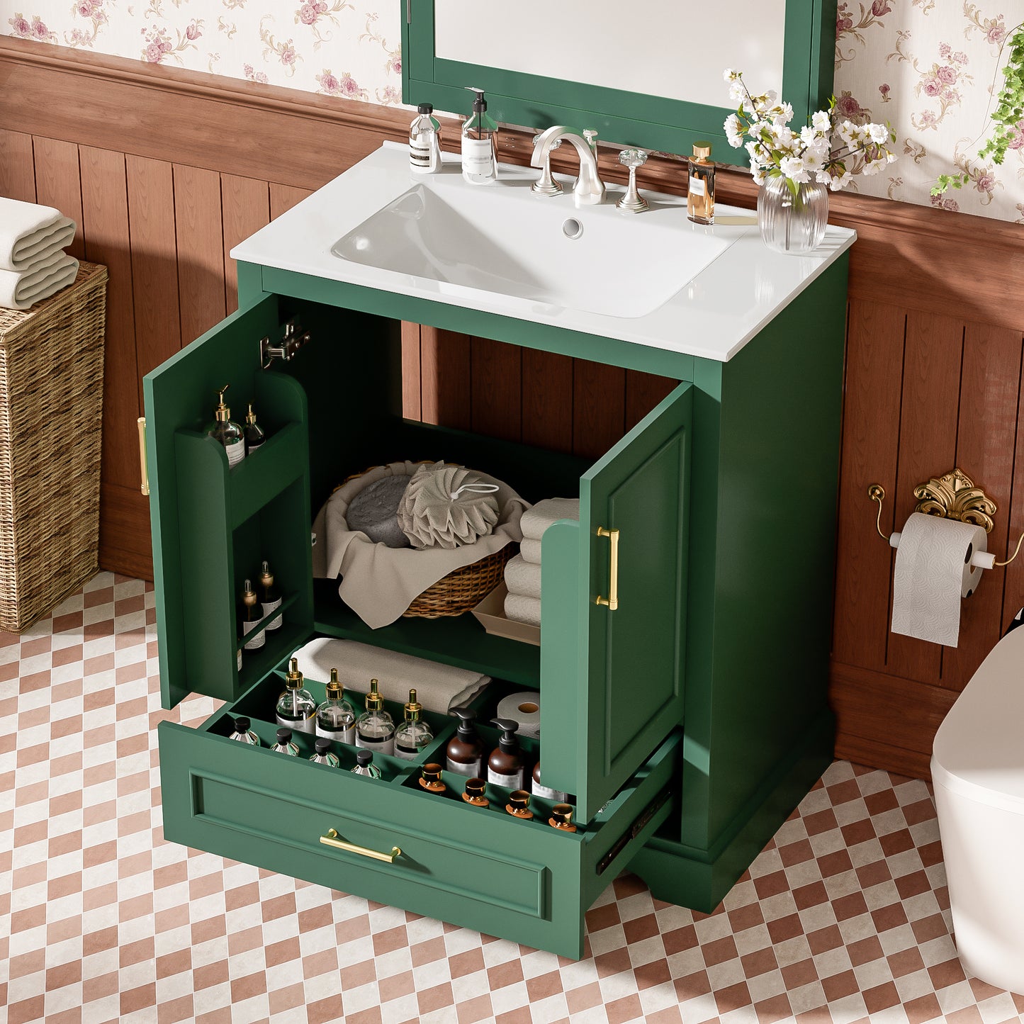 VanityFus 30-in Bathroom Vanity Green Single Sink Combo Ceramic Top 2 Soft-Close Doors 1 Drawer
