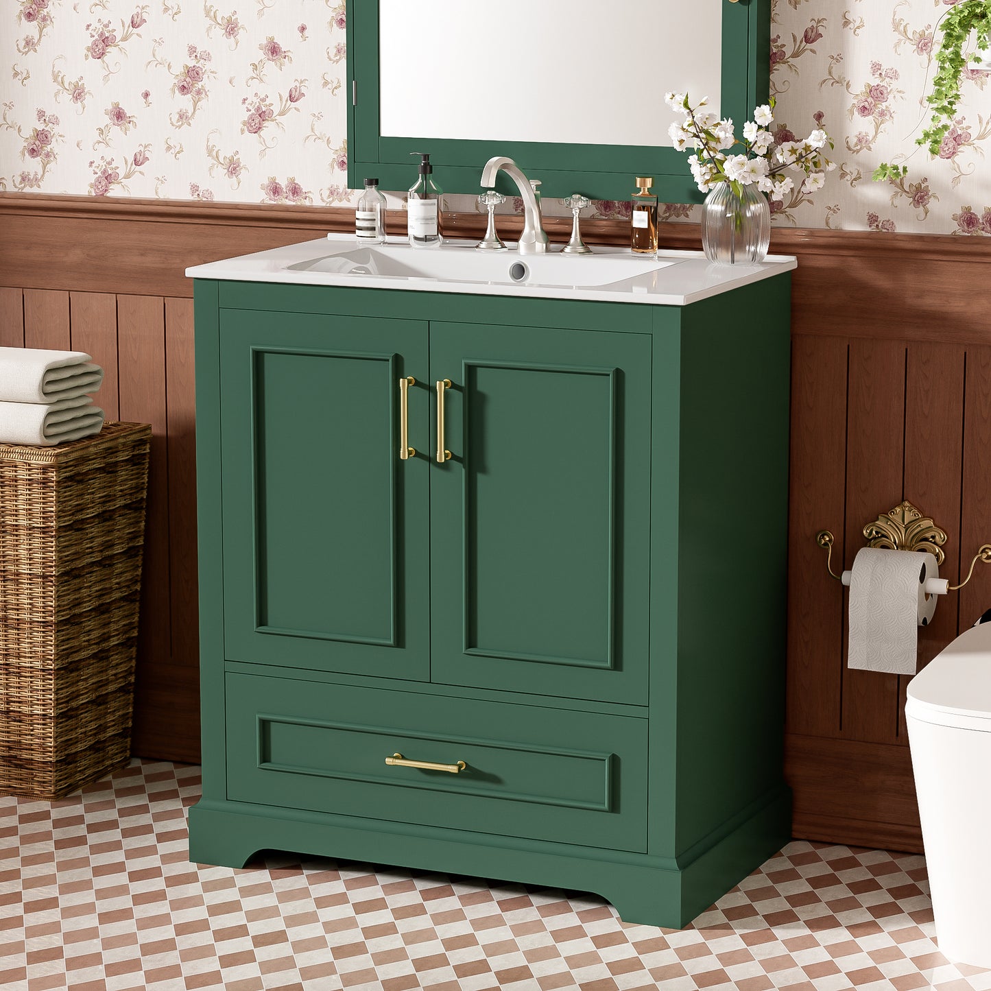 VanityFus 30-in Bathroom Vanity Green Single Sink Combo Ceramic Top 2 Soft-Close Doors 1 Drawer