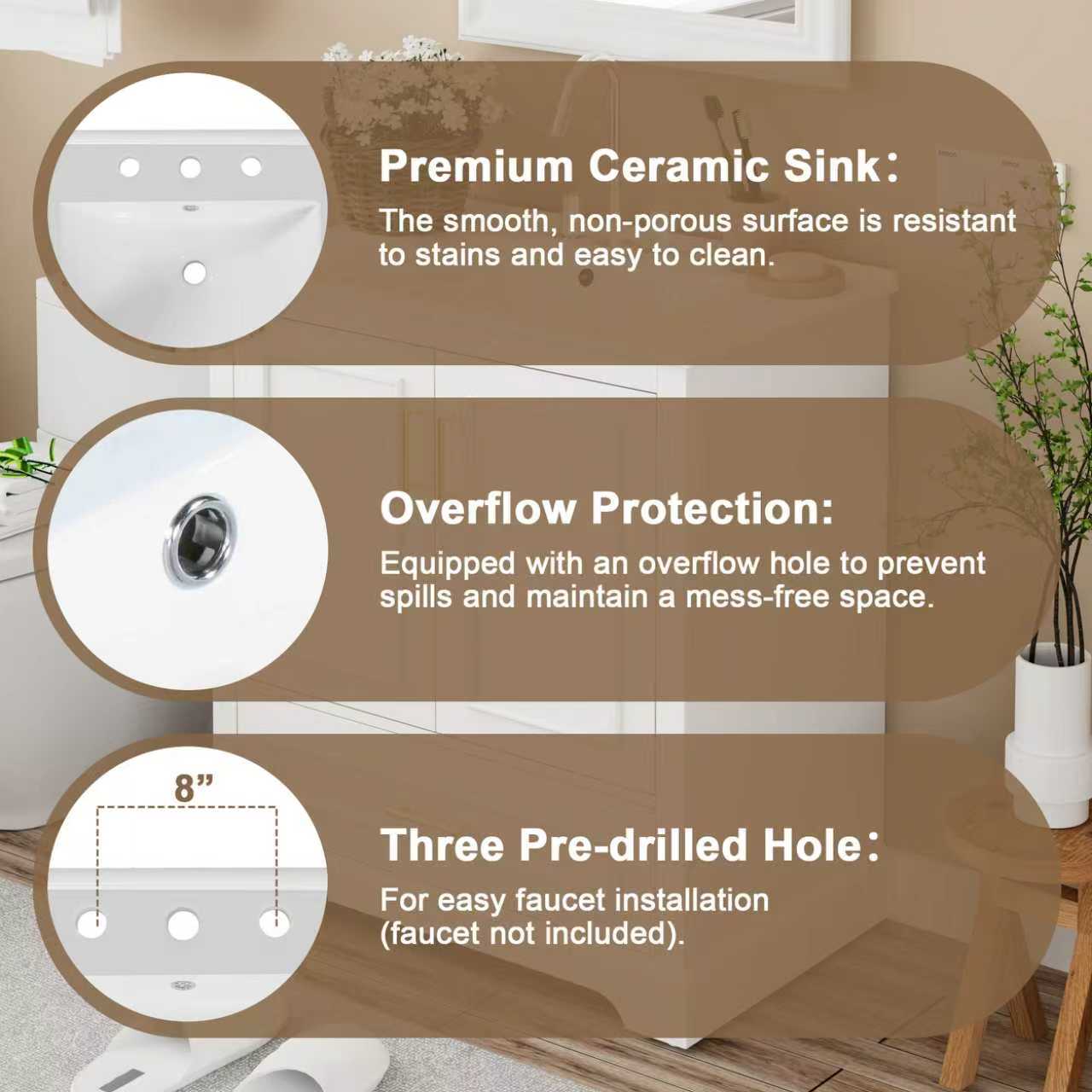 VanityFus 30-in Bathroom Vanity Single White Sink Combo Ceramic Top 2 Soft-Close Doors 1 Drawer