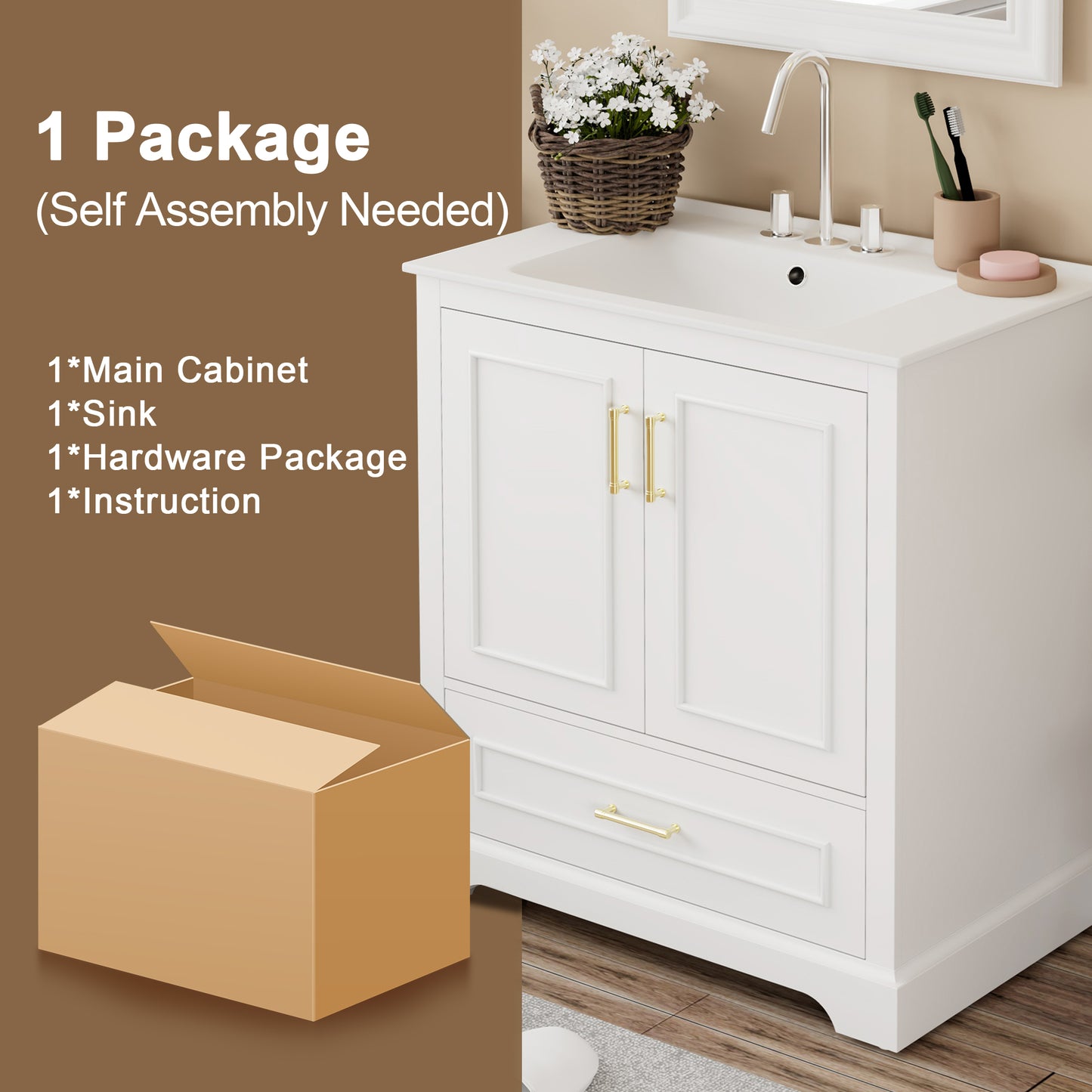 VanityFus 30-in Bathroom Vanity Single White Sink Combo Ceramic Top 2 Soft-Close Doors 1 Drawer
