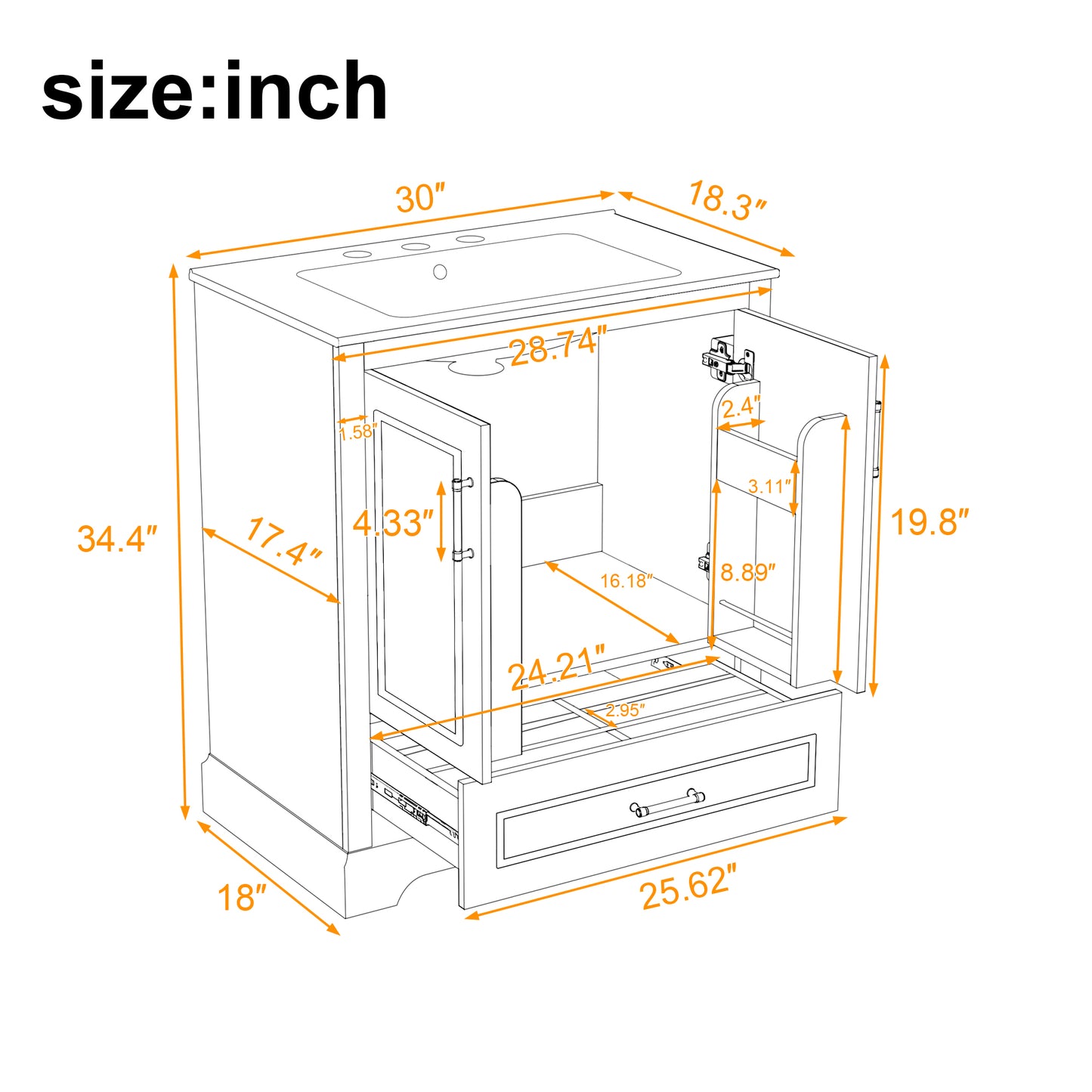 VanityFus 30-in Bathroom Vanity Single White Sink Combo Ceramic Top 2 Soft-Close Doors 1 Drawer