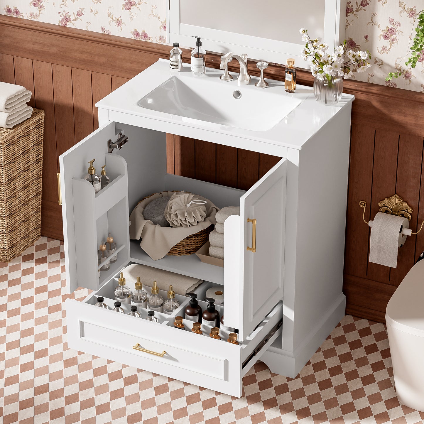 VanityFus 30-in Bathroom Vanity Single White Sink Combo Ceramic Top 2 Soft-Close Doors 1 Drawer