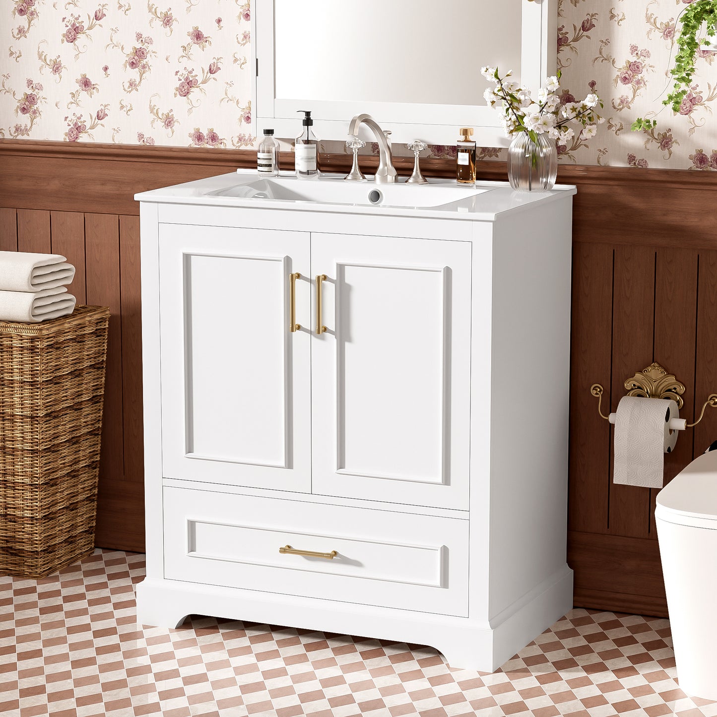 VanityFus 30-in Bathroom Vanity Single White Sink Combo Ceramic Top 2 Soft-Close Doors 1 Drawer