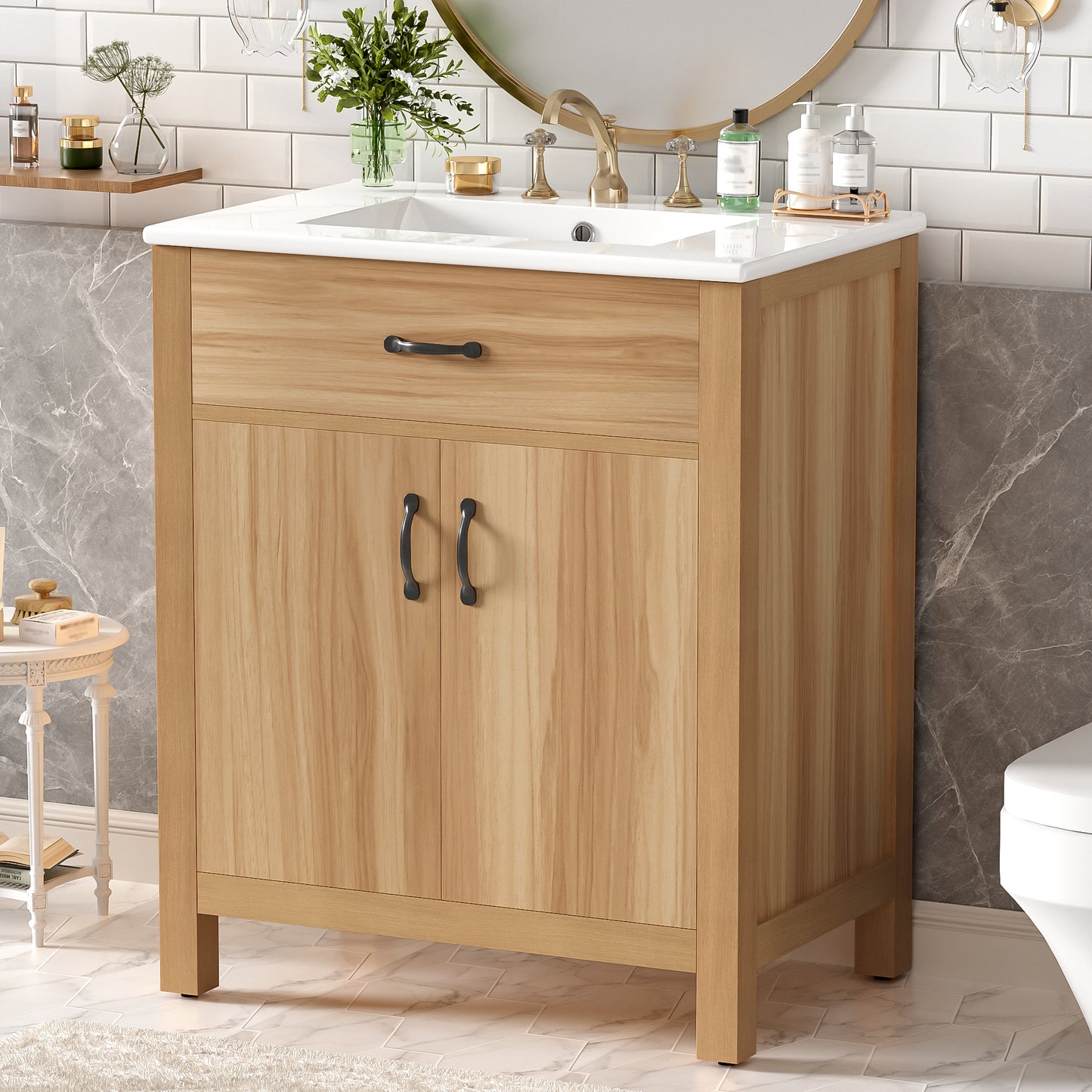 VanityFus 30-in Bathroom Vanity Single Sink Combo Wood Ceramic Top 2 Soft-Close Doors 1 Drawer