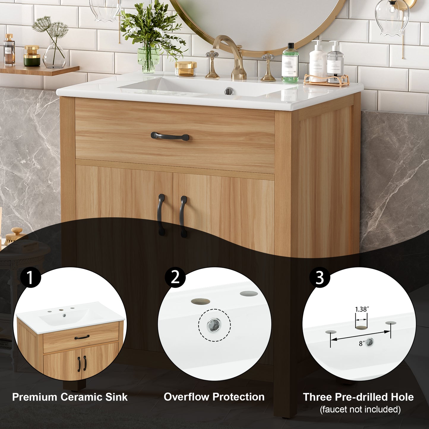 VanityFus 30-in Bathroom Vanity Single Sink Combo Wood Ceramic Top 2 Soft-Close Doors 1 Drawer