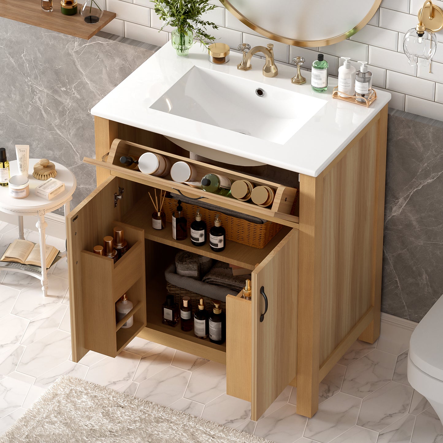 VanityFus 30-in Bathroom Vanity Single Sink Combo Wood Ceramic Top 2 Soft-Close Doors 1 Drawer