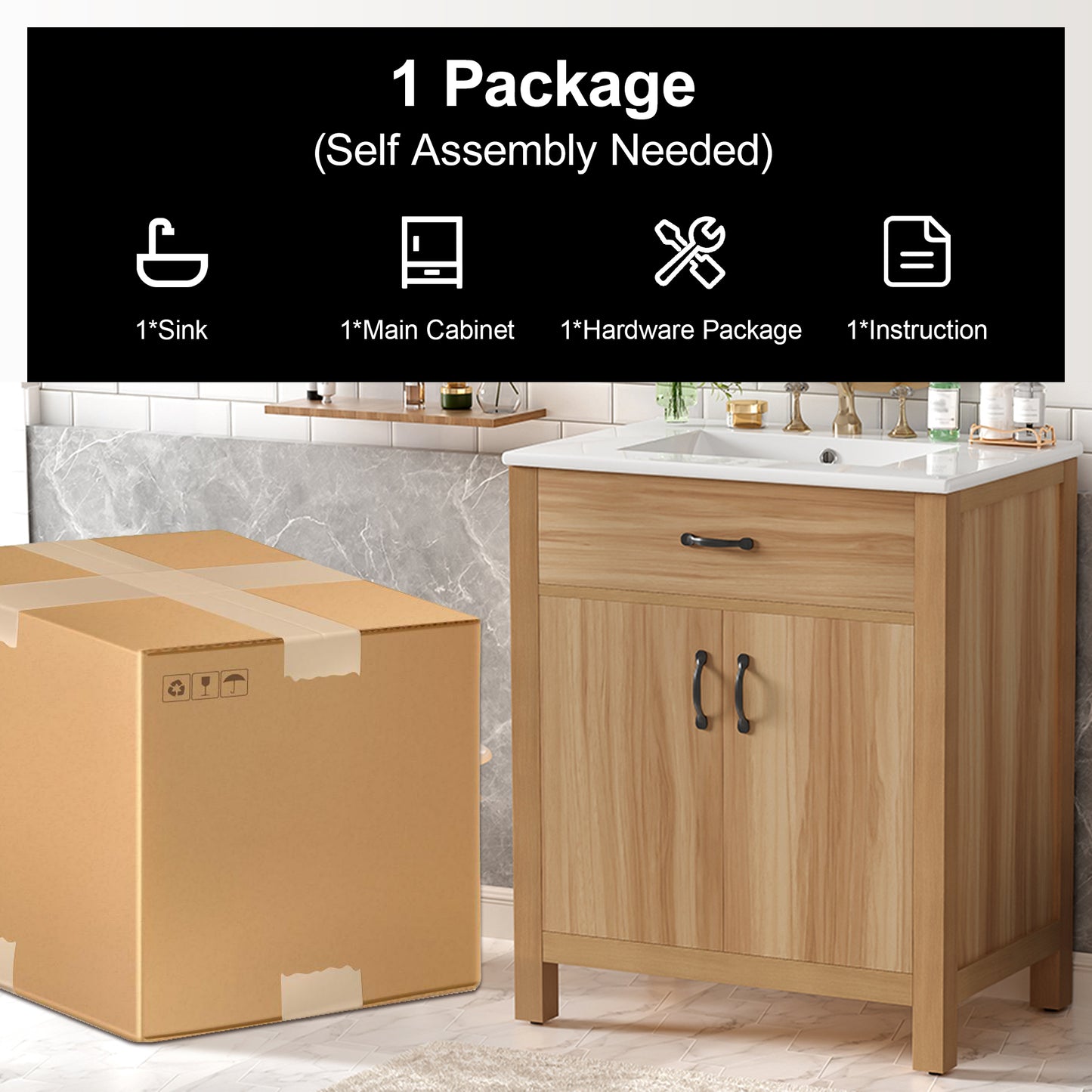 VanityFus 30-in Bathroom Vanity Single Sink Combo Wood Ceramic Top 2 Soft-Close Doors 1 Drawer