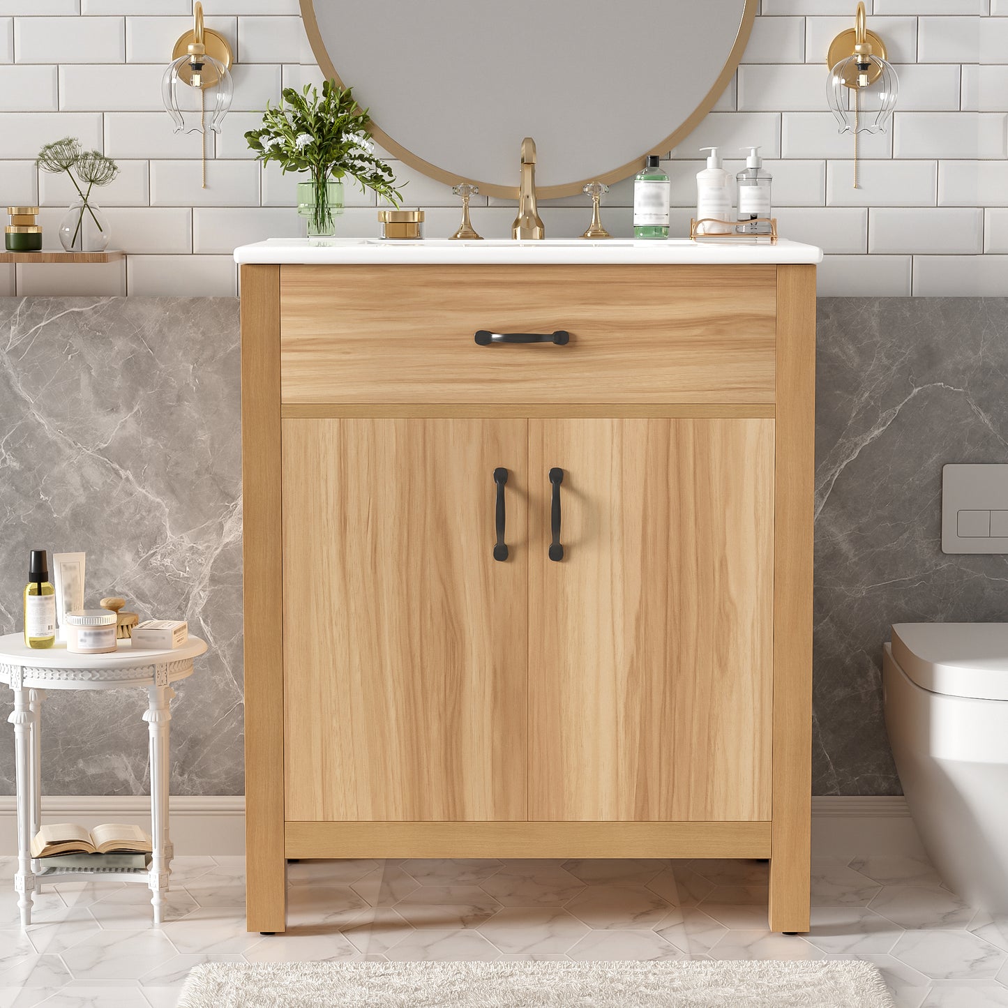 VanityFus 30-in Bathroom Vanity Single Sink Combo Wood Ceramic Top 2 Soft-Close Doors 1 Drawer