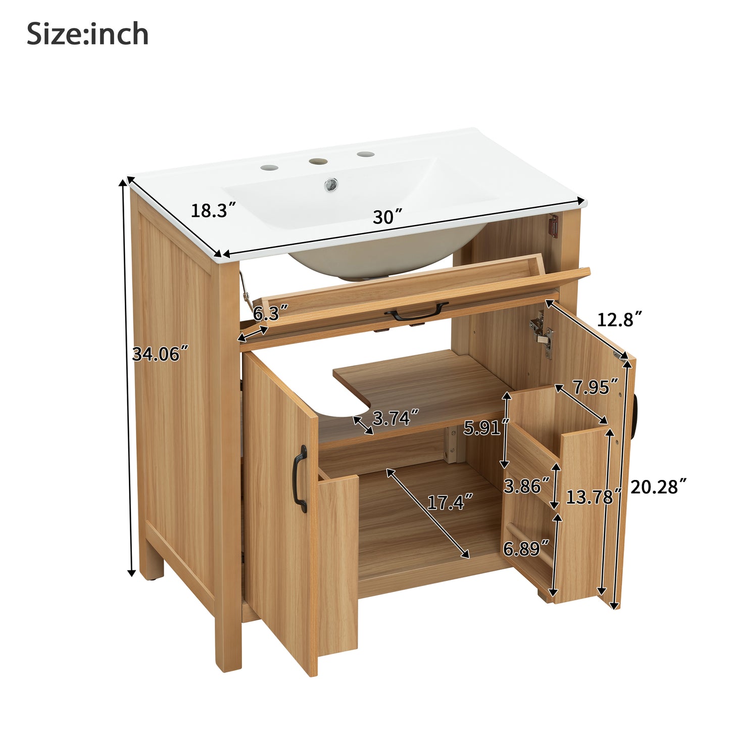 VanityFus 30-in Bathroom Vanity Single Sink Combo Wood Ceramic Top 2 Soft-Close Doors 1 Drawer
