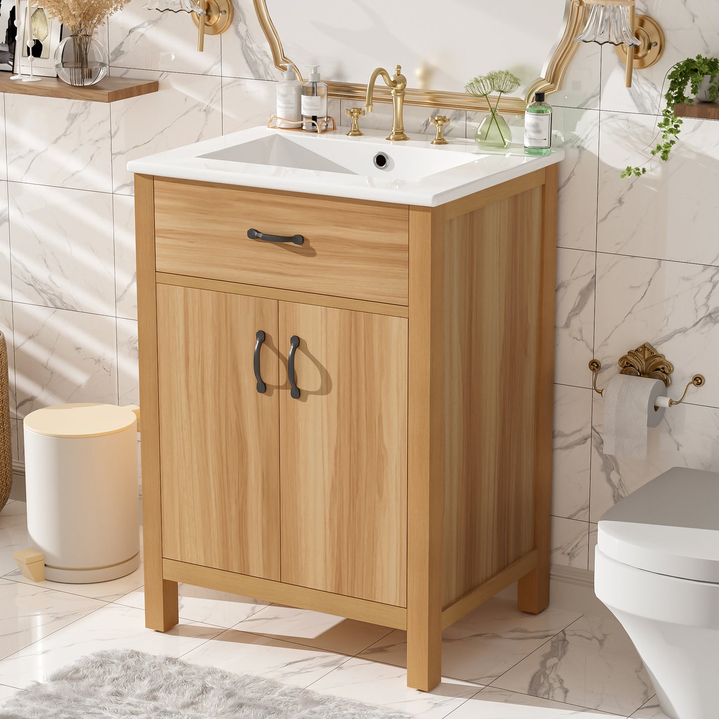 VanityFus 24-in Bathroom Vanity Single Sink Combo Wood Ceramic Top 2 Soft-Close Doors 1 Drawer