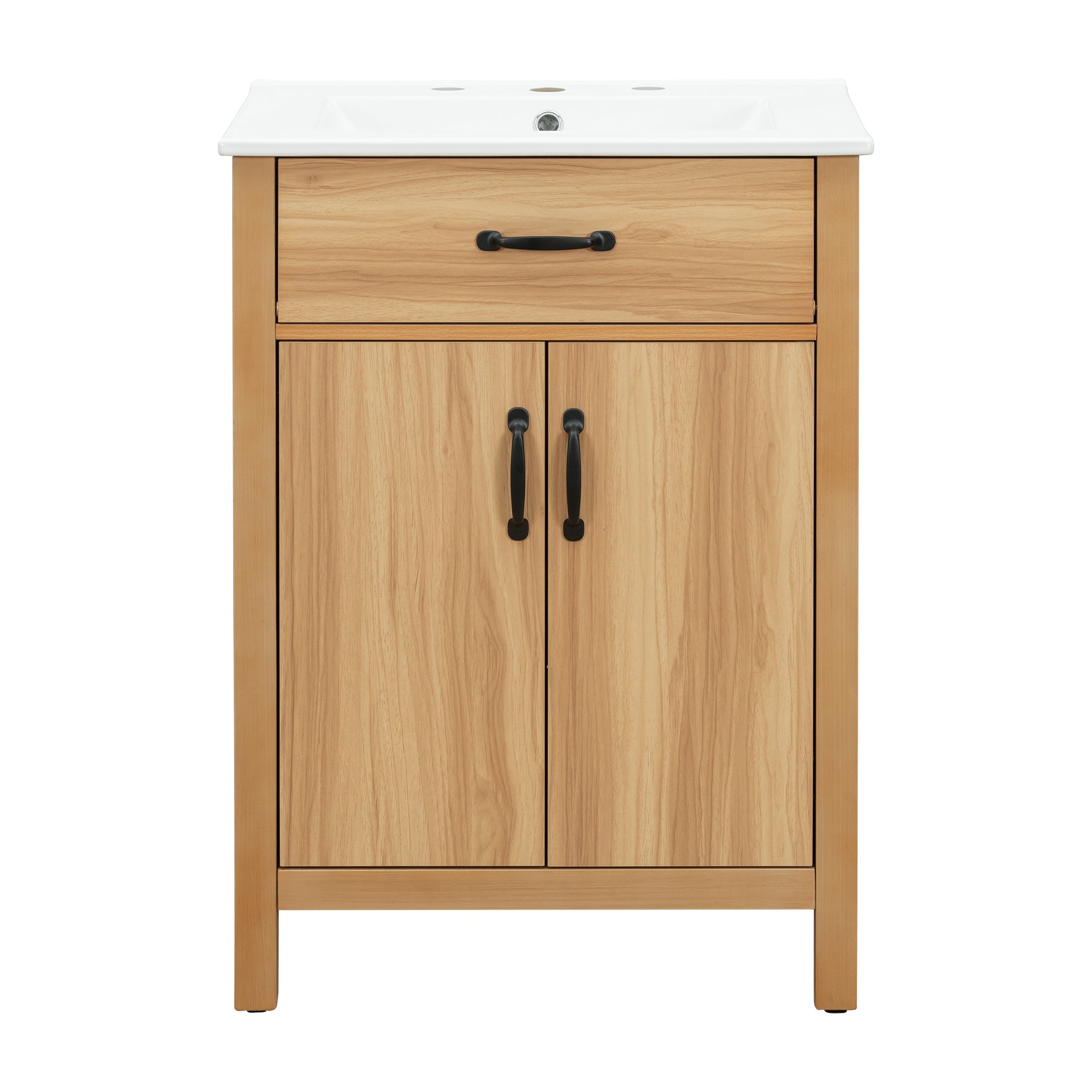 VanityFus 24-in Bathroom Vanity Single Sink Combo Wood Ceramic Top 2 Soft-Close Doors 1 Drawer