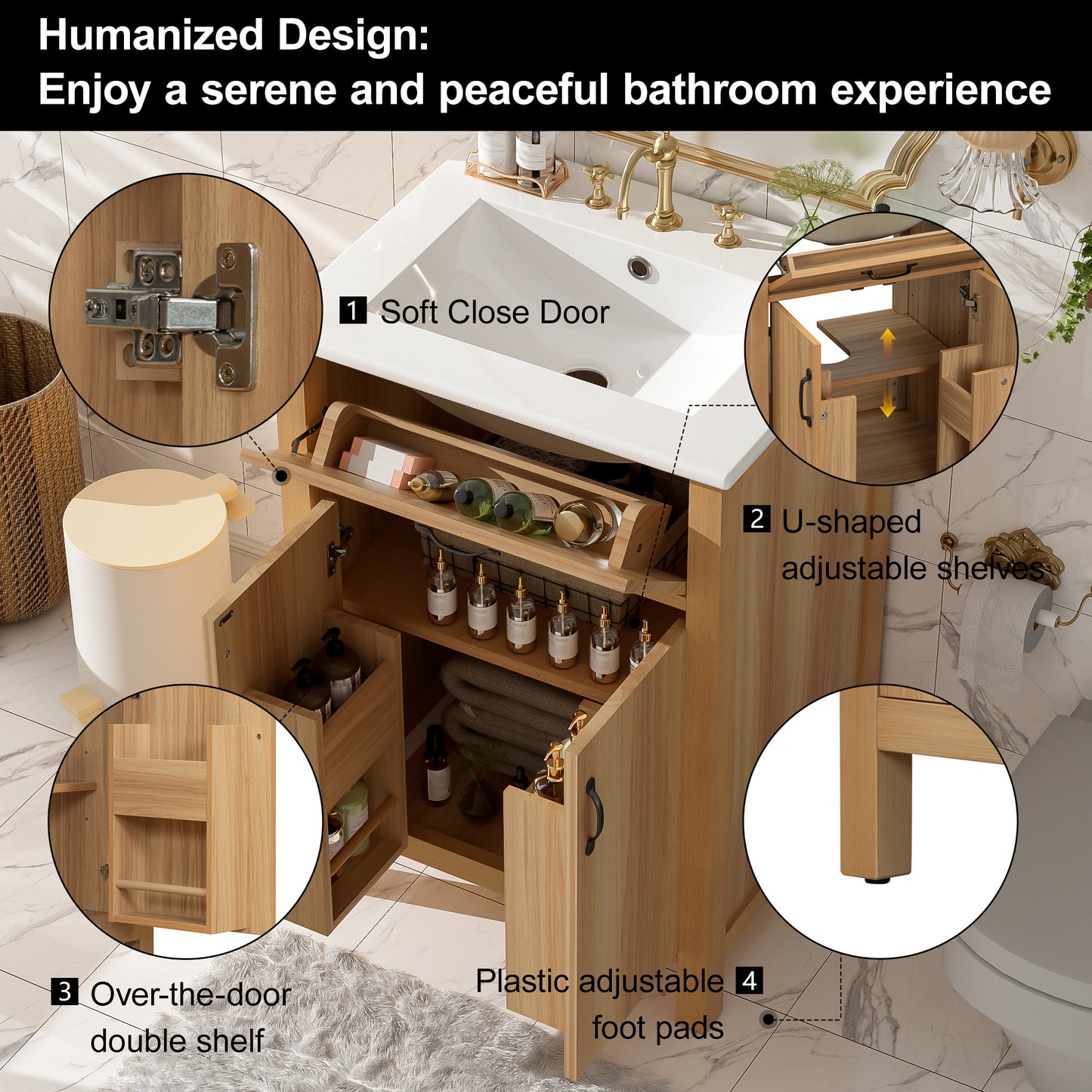 VanityFus 24-in Bathroom Vanity Single Sink Combo Wood Ceramic Top 2 Soft-Close Doors 1 Drawer