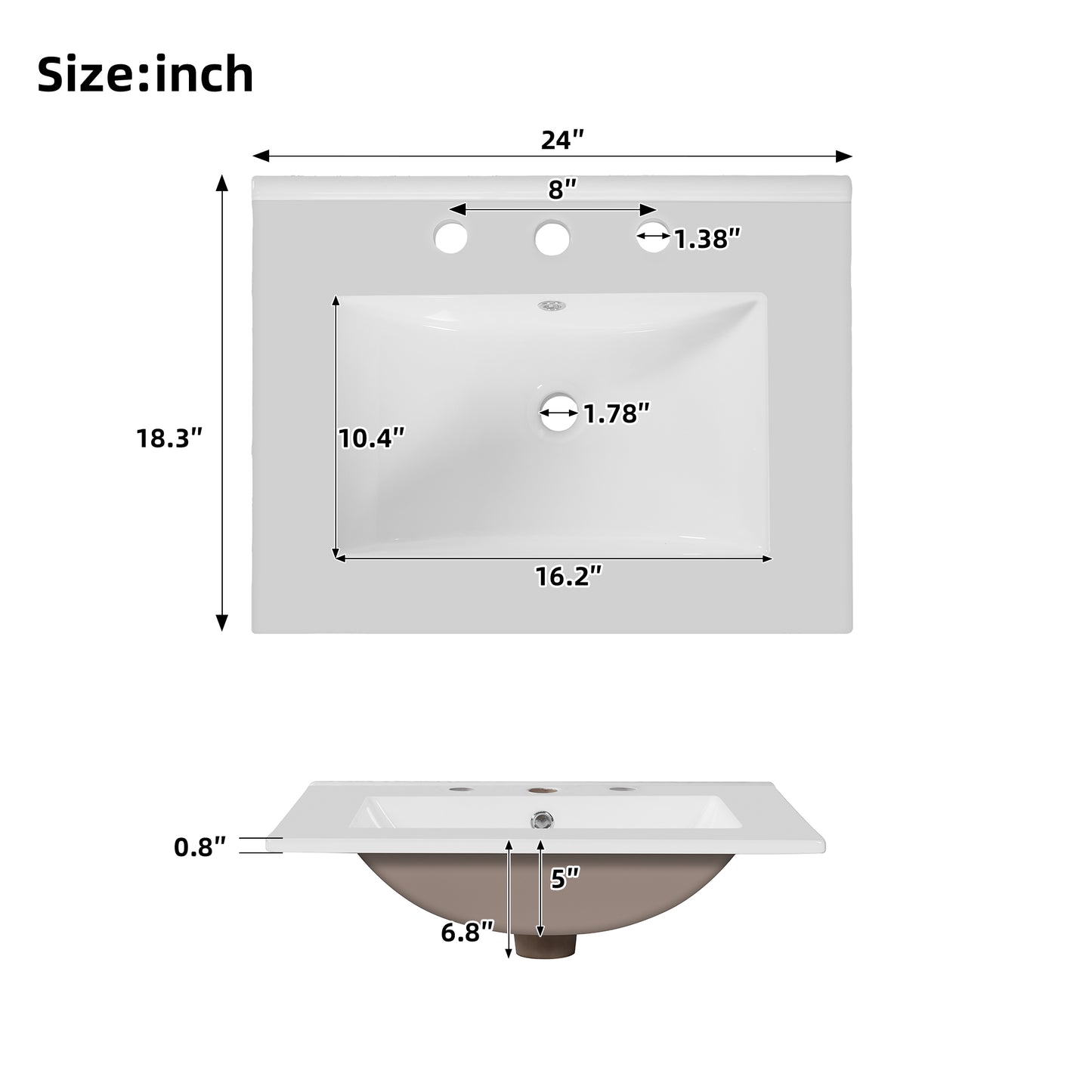 VanityFus 24-in Bathroom Vanity Single Sink Combo Wood Ceramic Top 2 Soft-Close Doors 1 Drawer