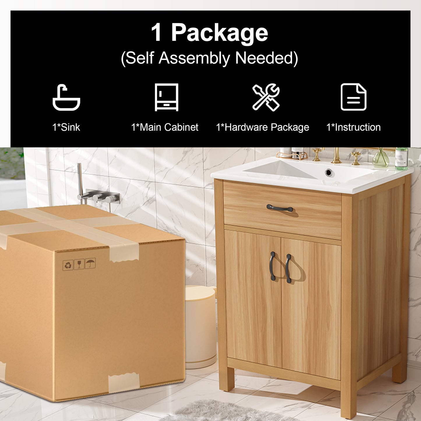 VanityFus 24-in Bathroom Vanity Single Sink Combo Wood Ceramic Top 2 Soft-Close Doors 1 Drawer