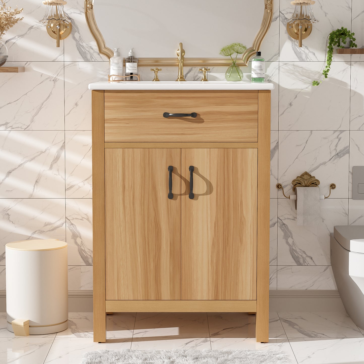 VanityFus 24-in Bathroom Vanity Single Sink Combo Wood Ceramic Top 2 Soft-Close Doors 1 Drawer