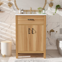 VanityFus 24-in Bathroom Vanity Single Sink Combo Wood Ceramic Top 2 Soft-Close Doors 1 Drawer