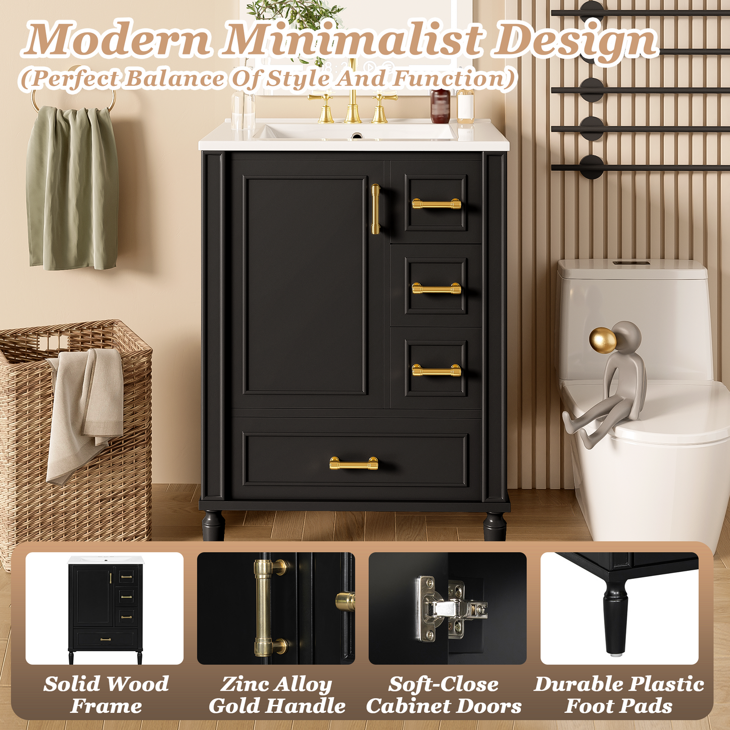 VanityFus Black 24-in Bathroom Vanity Single Sink Combo Ceramic Top 1 Soft-Close Doors 3 Drawers
