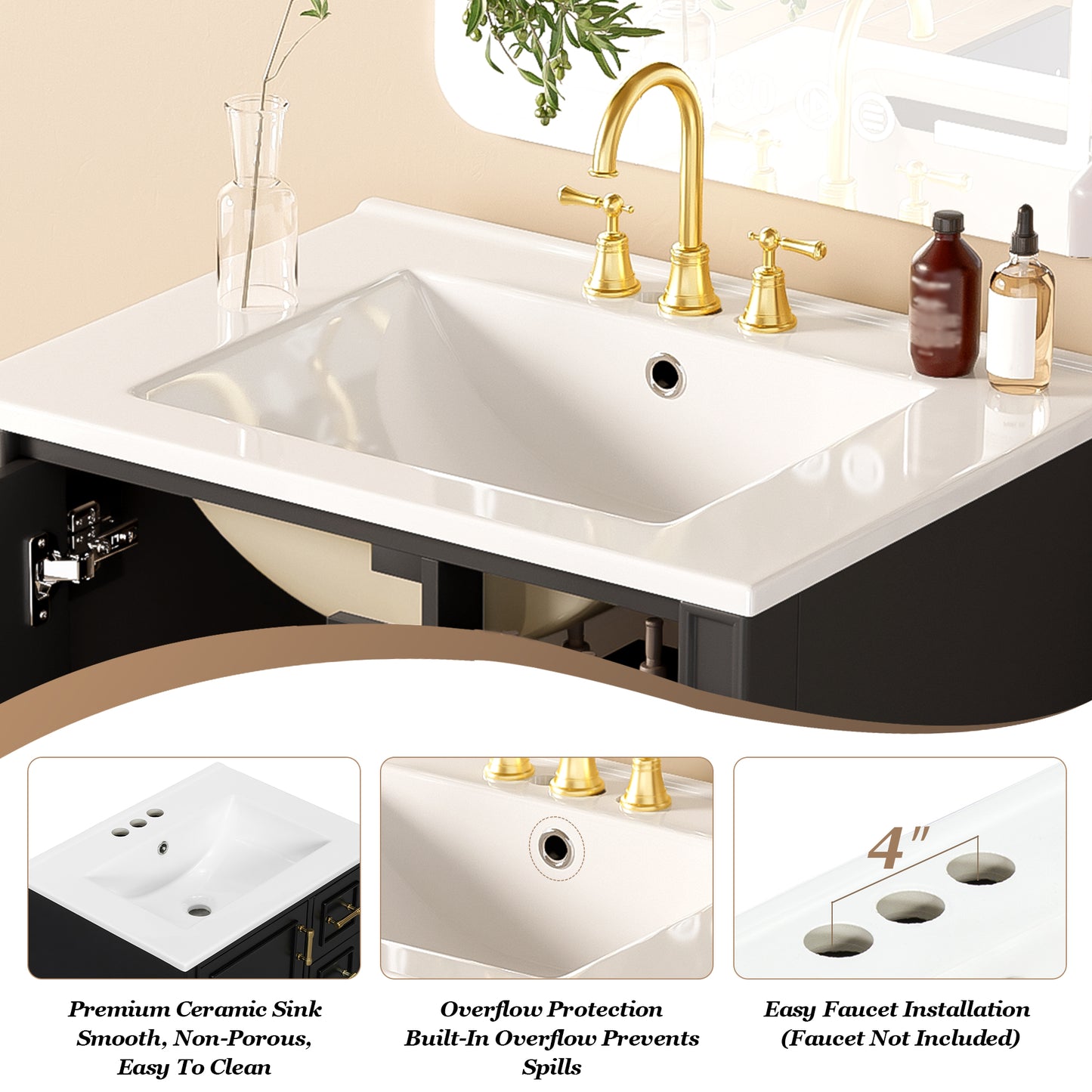 VanityFus Black 24-in Bathroom Vanity Single Sink Combo Ceramic Top 1 Soft-Close Doors 3 Drawers