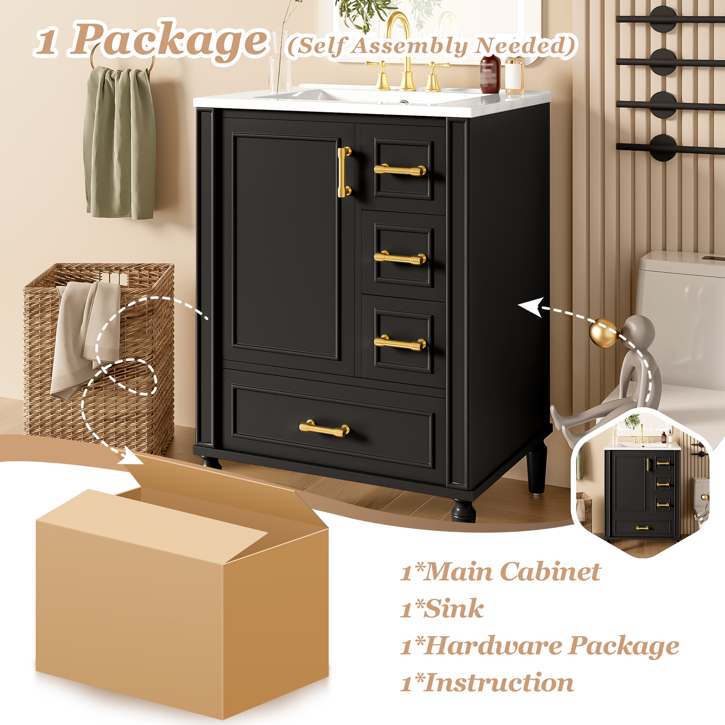 VanityFus Black 24-in Bathroom Vanity Single Sink Combo Ceramic Top 1 Soft-Close Doors 3 Drawers