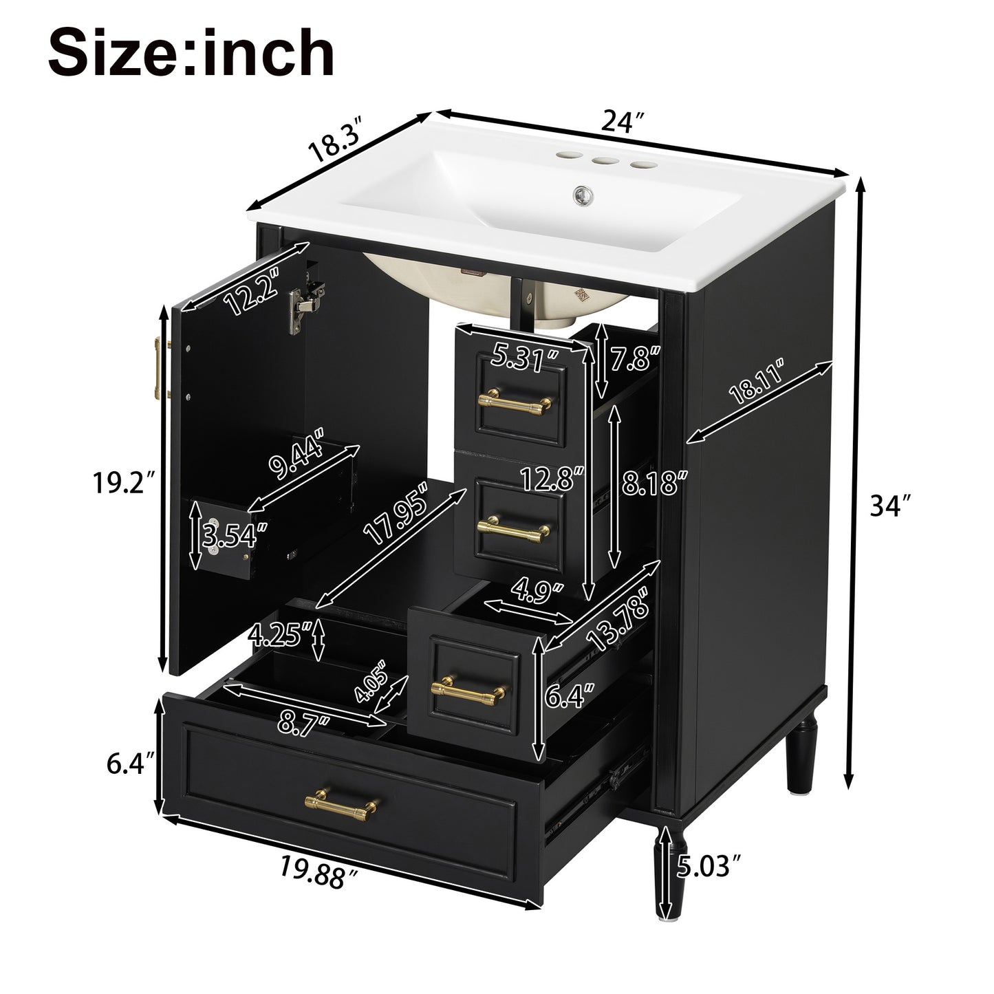 VanityFus Black 24-in Bathroom Vanity Single Sink Combo Ceramic Top 1 Soft-Close Doors 3 Drawers
