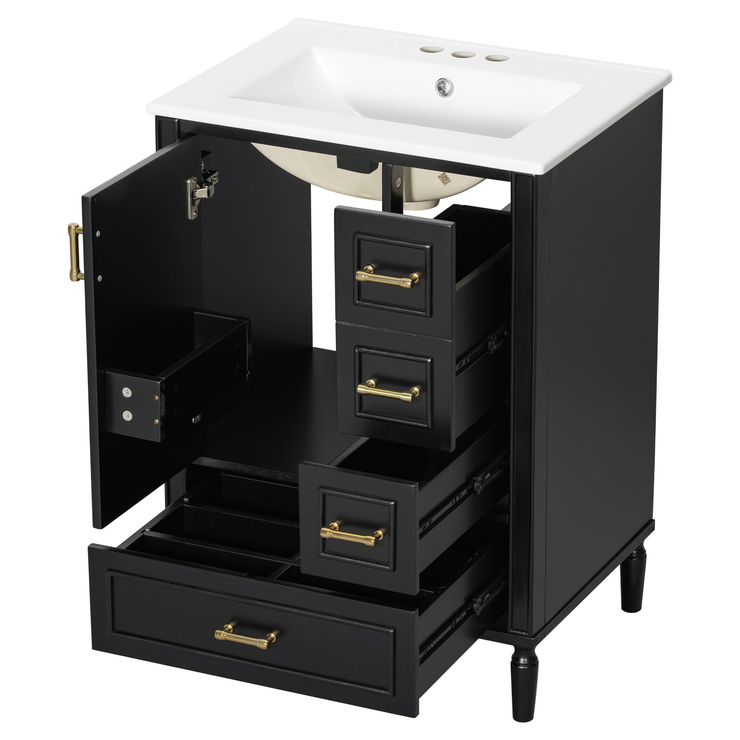 VanityFus Black 24-in Bathroom Vanity Single Sink Combo Ceramic Top 1 Soft-Close Doors 3 Drawers