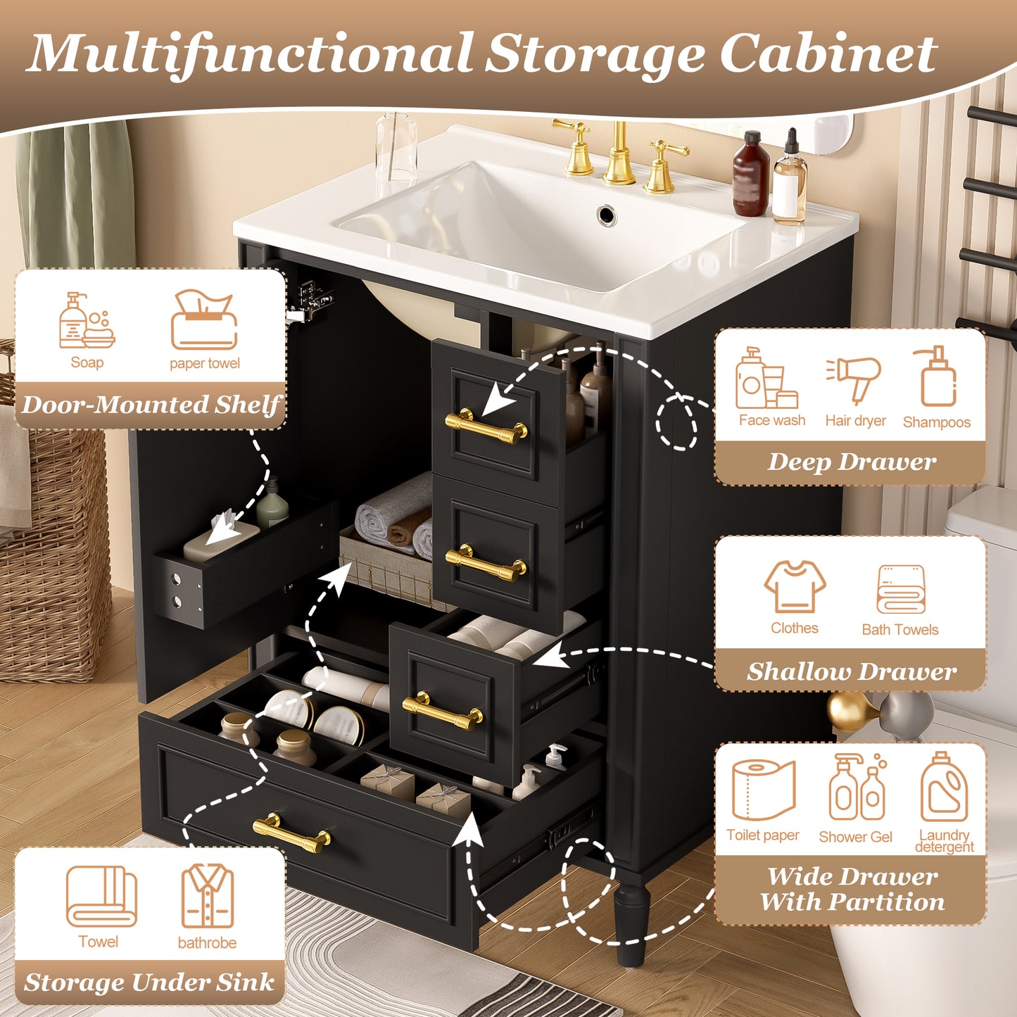 VanityFus Black 24-in Bathroom Vanity Single Sink Combo Ceramic Top 1 Soft-Close Doors 3 Drawers