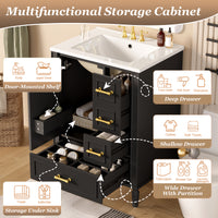 VanityFus Black 24-in Bathroom Vanity Single Sink Combo Ceramic Top 1 Soft-Close Doors 3 Drawers