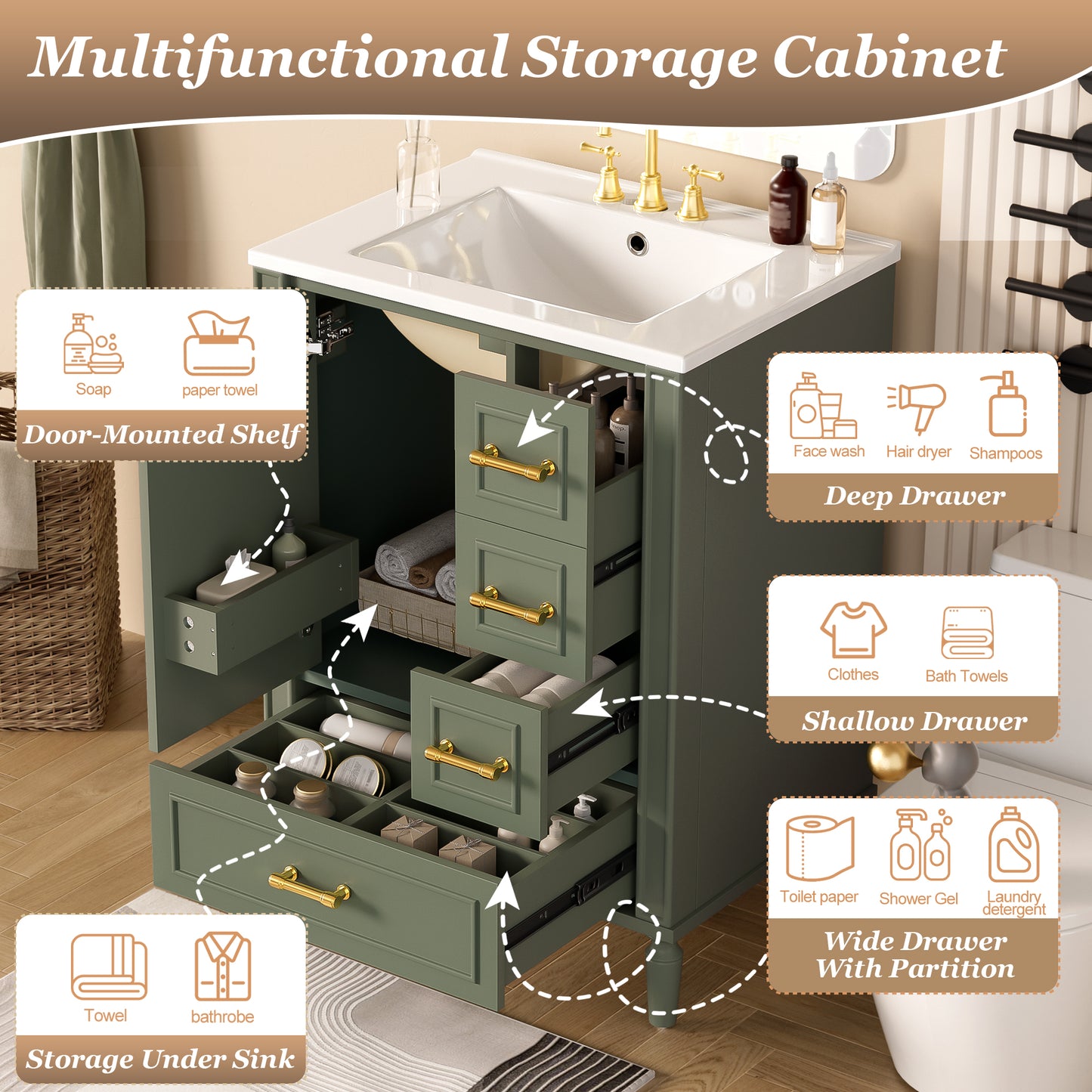 VanityFus Green 24-in Bathroom Vanity Single Sink Combo Ceramic Top 1 Soft-Close Doors 3 Drawers