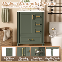 VanityFus Green 24-in Bathroom Vanity Single Sink Combo Ceramic Top 1 Soft-Close Doors 3 Drawers