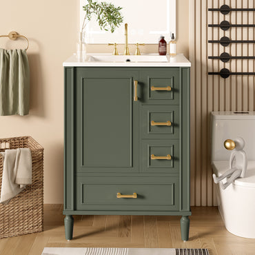 VanityFus Green 24-in Bathroom Vanity Single Sink Combo Ceramic Top 1 Soft-Close Doors 3 Drawers