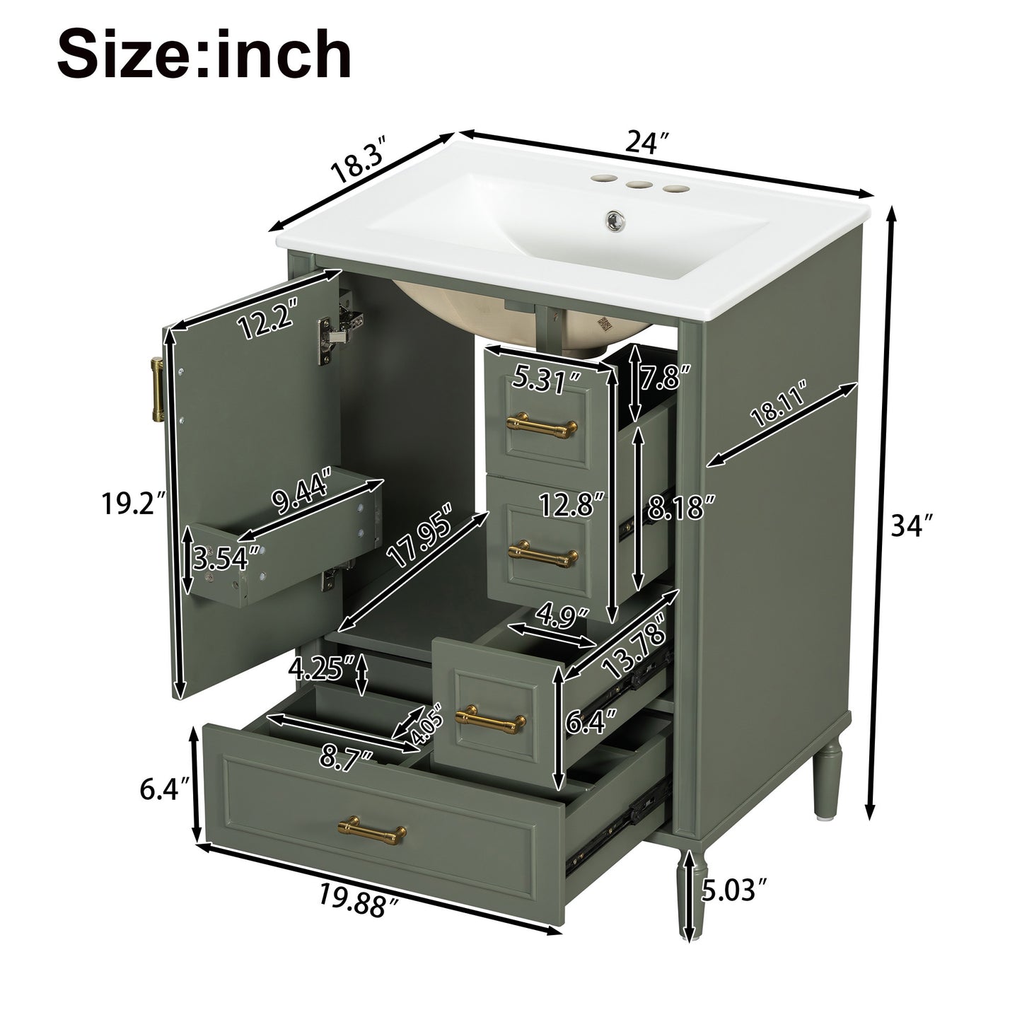 VanityFus Green 24-in Bathroom Vanity Single Sink Combo Ceramic Top 1 Soft-Close Doors 3 Drawers