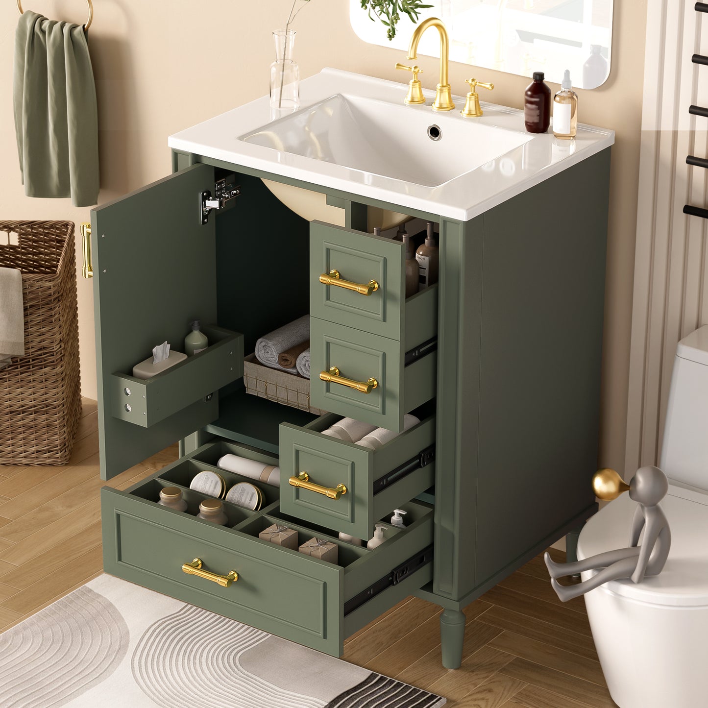 VanityFus Green 24-in Bathroom Vanity Single Sink Combo Ceramic Top 1 Soft-Close Doors 3 Drawers