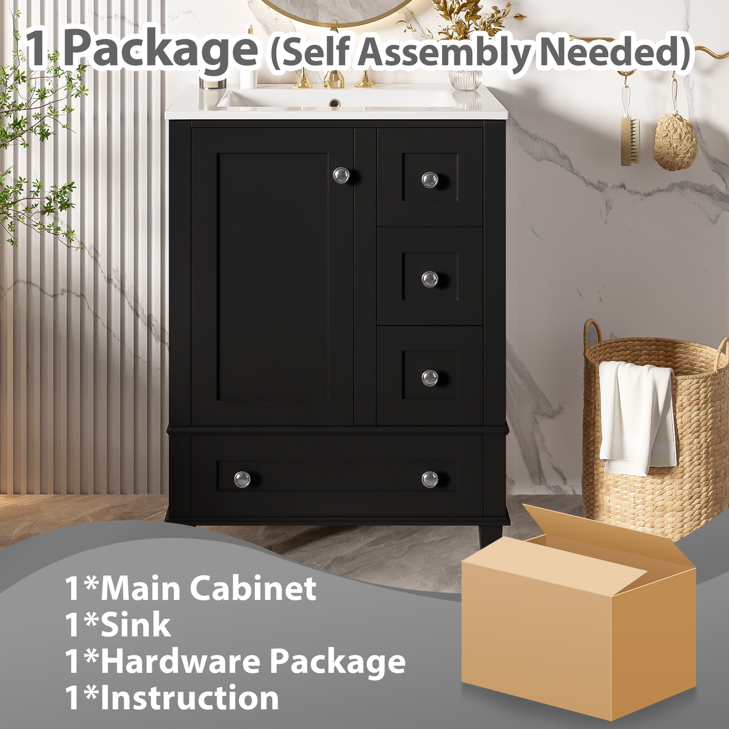 VanityFus Black 24-in Bathroom Vanity Single Sink Combo Ceramic Top 1 Soft-Close Doors 3 Drawers