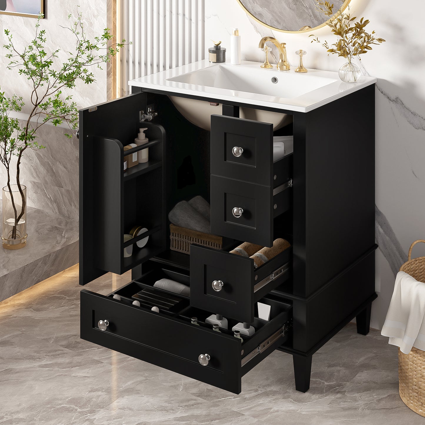 VanityFus Black 24-in Bathroom Vanity Single Sink Combo Ceramic Top 1 Soft-Close Doors 3 Drawers