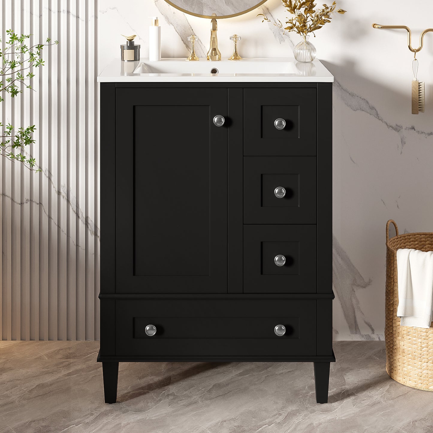 VanityFus Black 24-in Bathroom Vanity Single Sink Combo Ceramic Top 1 Soft-Close Doors 3 Drawers