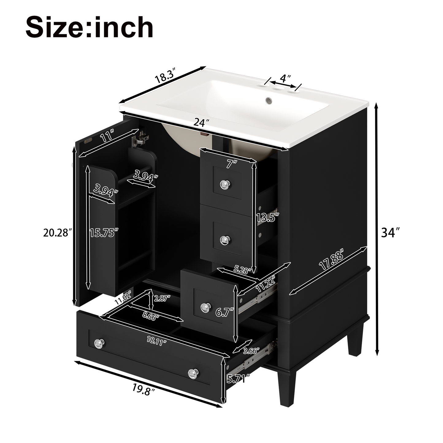 VanityFus Black 24-in Bathroom Vanity Single Sink Combo Ceramic Top 1 Soft-Close Doors 3 Drawers