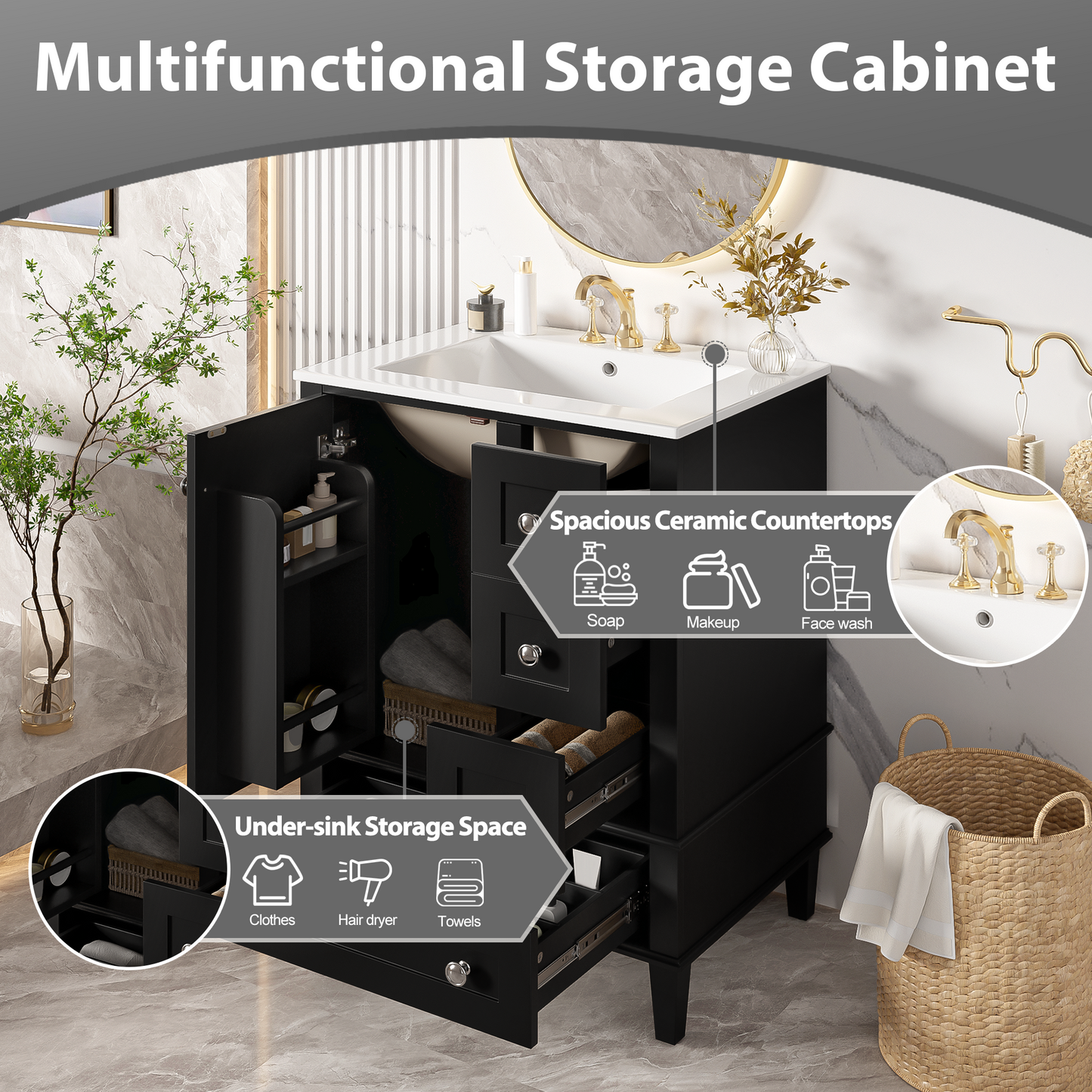 VanityFus Black 24-in Bathroom Vanity Single Sink Combo Ceramic Top 1 Soft-Close Doors 3 Drawers