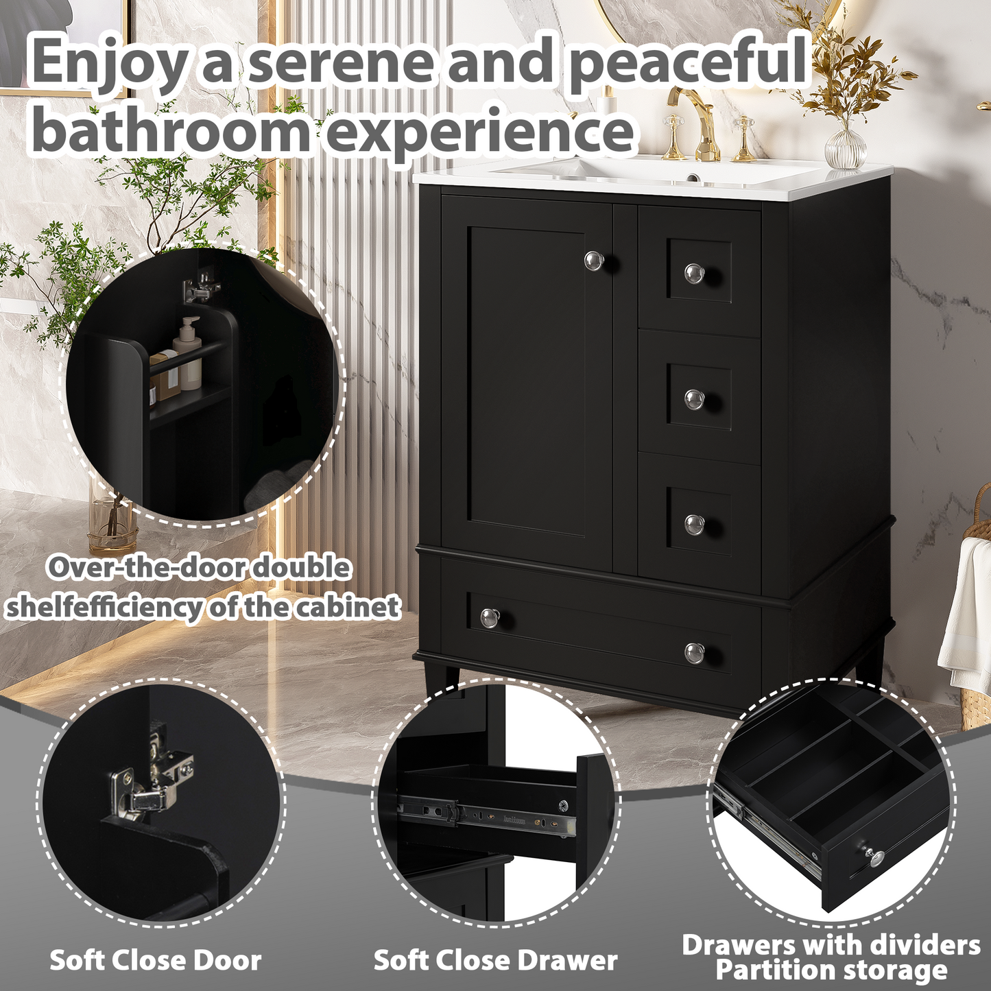 VanityFus Black 24-in Bathroom Vanity Single Sink Combo Ceramic Top 1 Soft-Close Doors 3 Drawers