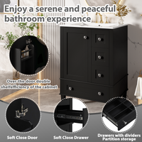 VanityFus Black 24-in Bathroom Vanity Single Sink Combo Ceramic Top 1 Soft-Close Doors 3 Drawers
