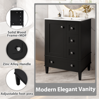 VanityFus Black 24-in Bathroom Vanity Single Sink Combo Ceramic Top 1 Soft-Close Doors 3 Drawers
