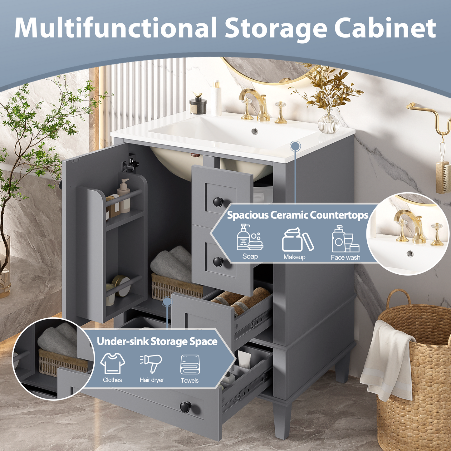 VanityFus Gray 24-in Bathroom Vanity Single Sink Combo Ceramic Top 1 Soft-Close Doors 3 Drawers