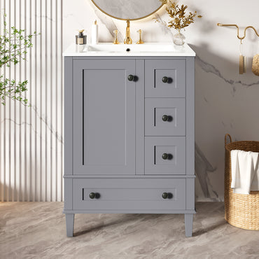 VanityFus Gray 24-in Bathroom Vanity Single Sink Combo Ceramic Top 1 Soft-Close Doors 3 Drawers