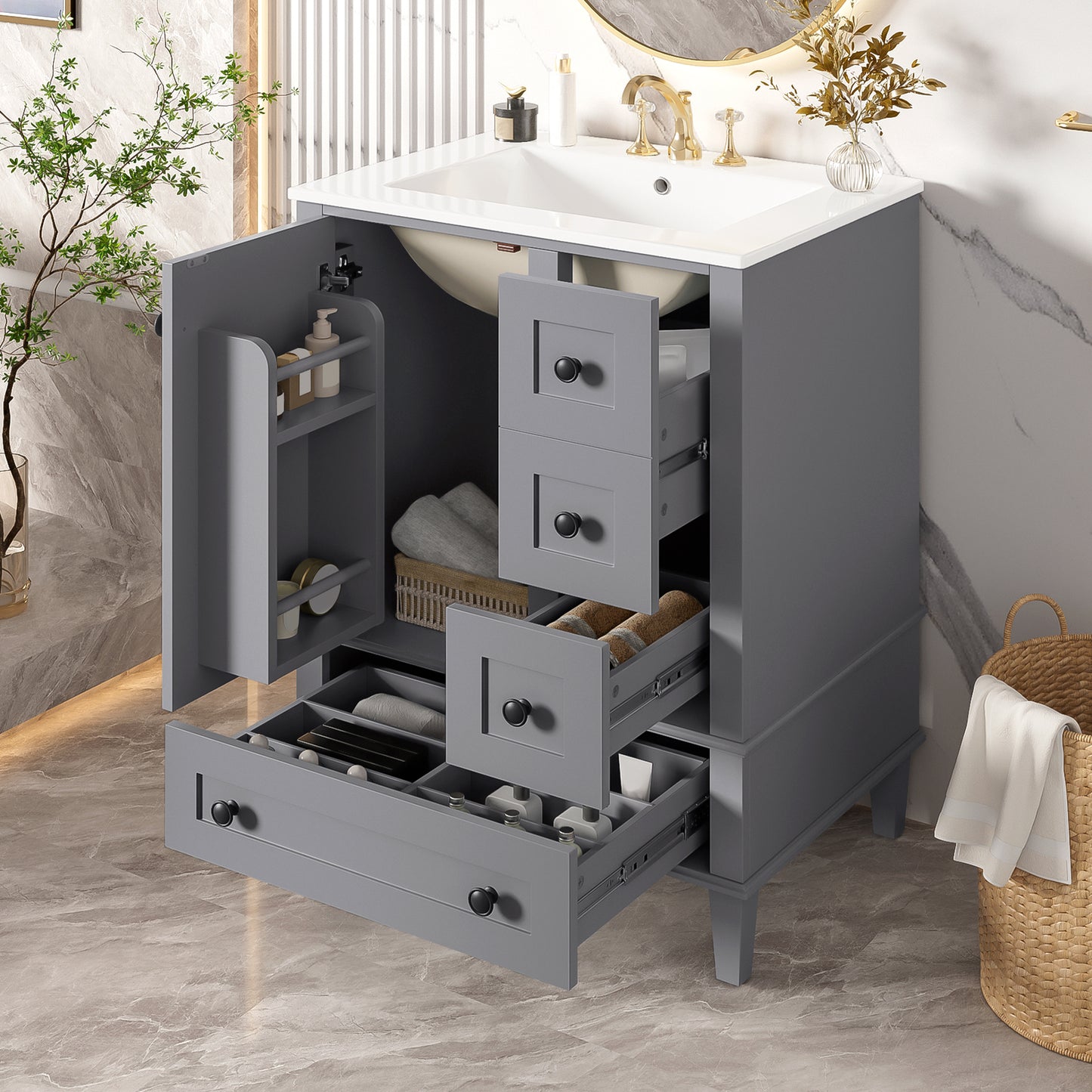 VanityFus Gray 24-in Bathroom Vanity Single Sink Combo Ceramic Top 1 Soft-Close Doors 3 Drawers