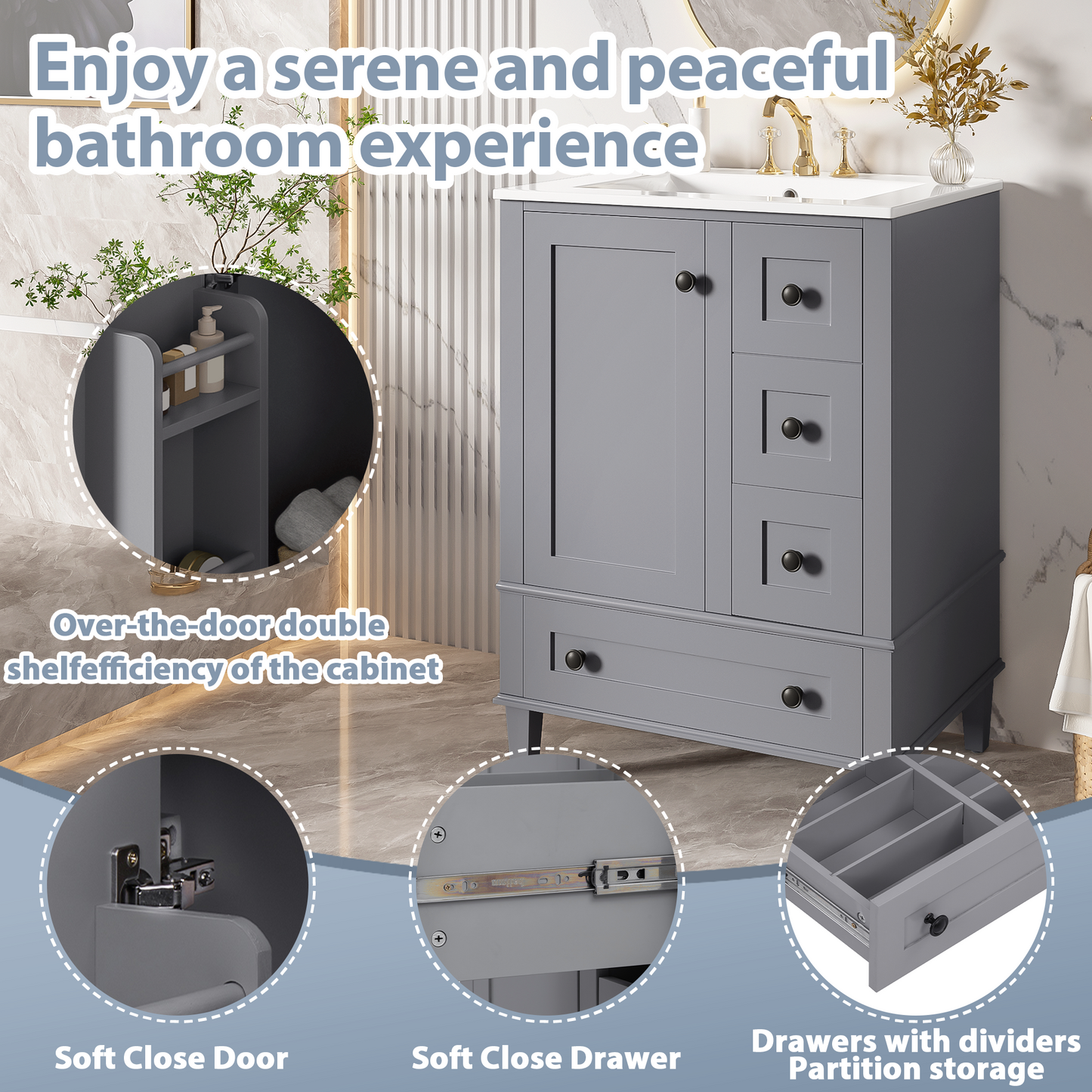 VanityFus Gray 24-in Bathroom Vanity Single Sink Combo Ceramic Top 1 Soft-Close Doors 3 Drawers