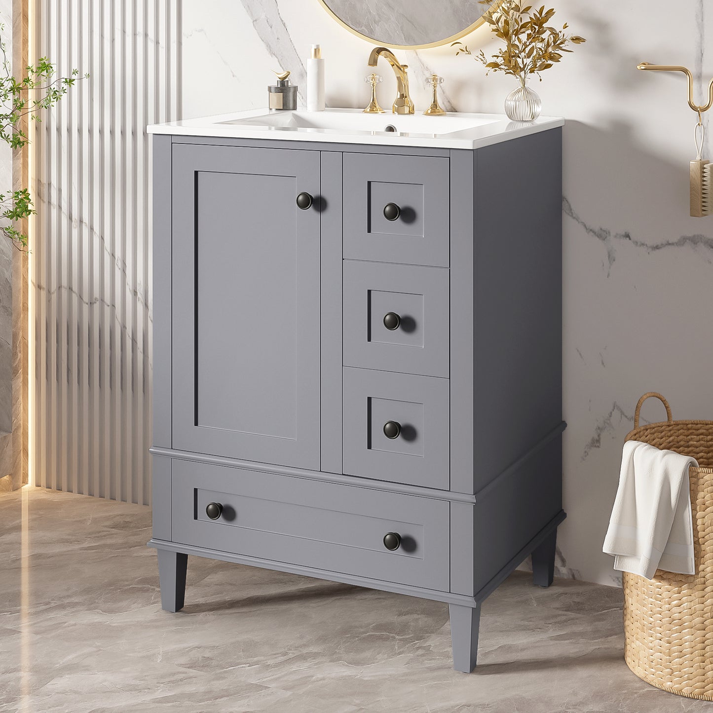 VanityFus Gray 24-in Bathroom Vanity Single Sink Combo Ceramic Top 1 Soft-Close Doors 3 Drawers